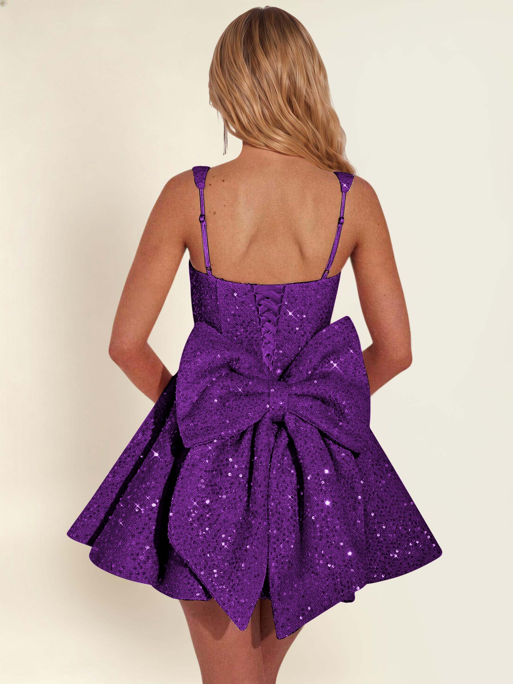 ROVDESY Sparkly Sequin A-Line Square Neck Homecoming Mini Dress With Big Bow