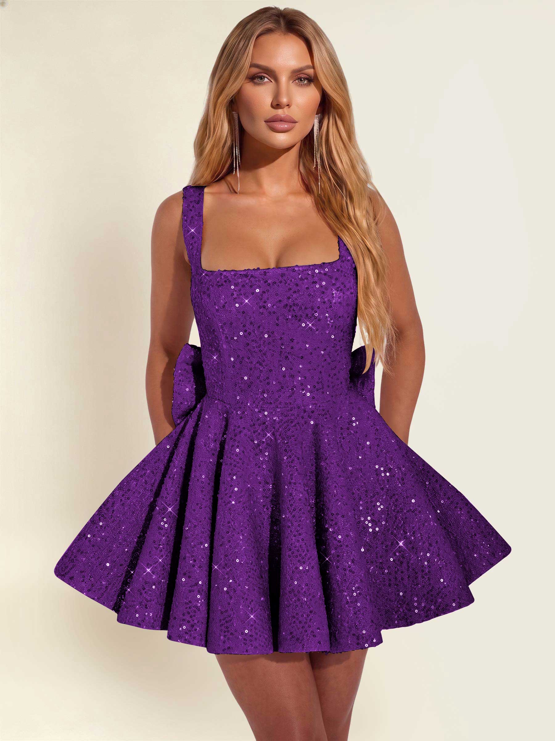 ROVDESY Sparkly Sequin A-Line Square Neck Homecoming Mini Dress With Big Bow