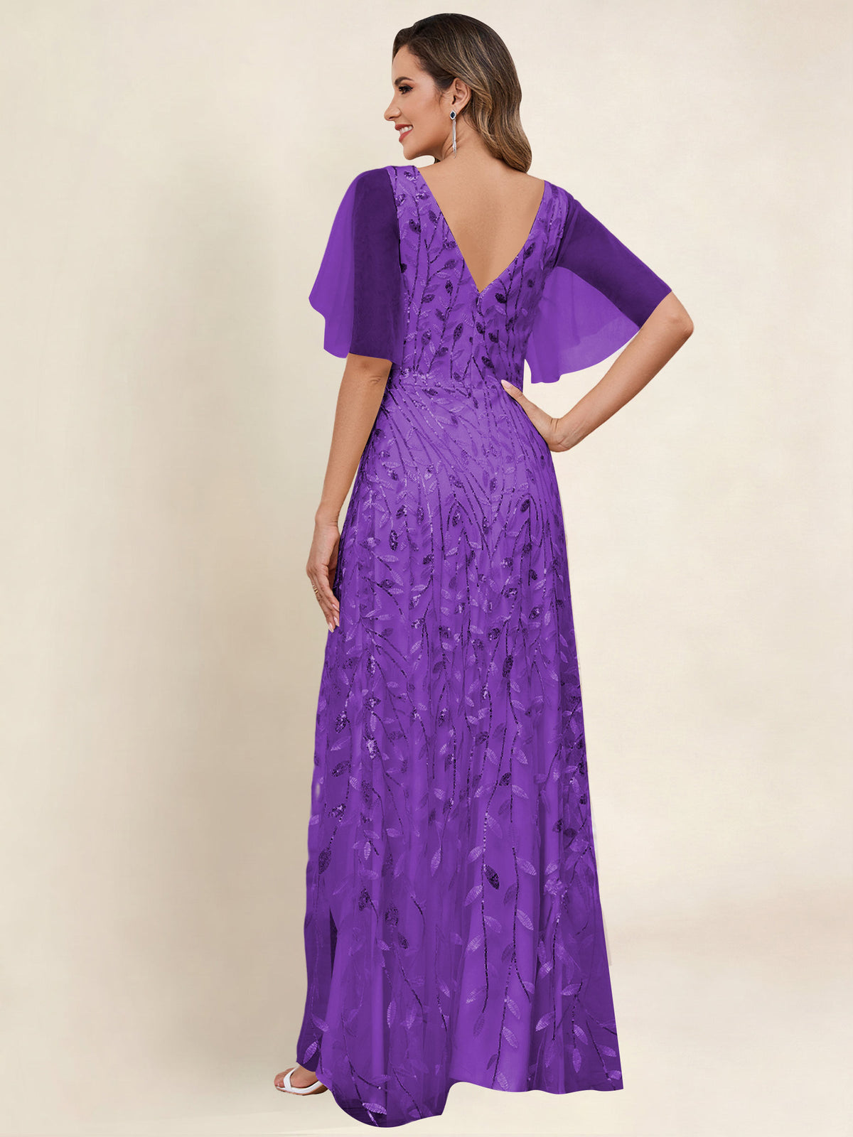 V Neck Sequin Tulle A Line Mother of the Bride Dress with Sleeves