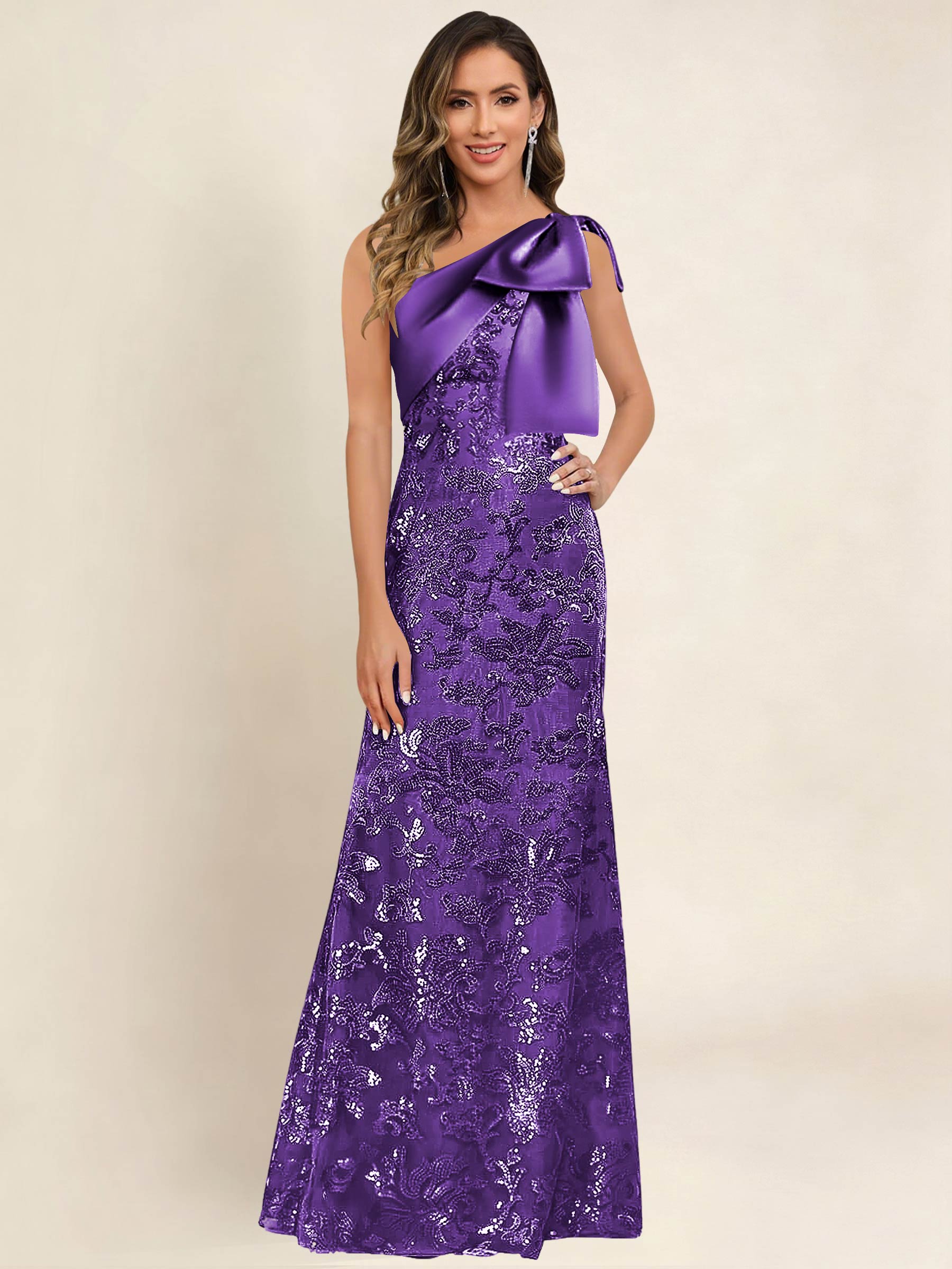 ROVDESY One Shoulder Sequin Mermaid Long Mother Of The Bride Dress Formal Gown With Bow