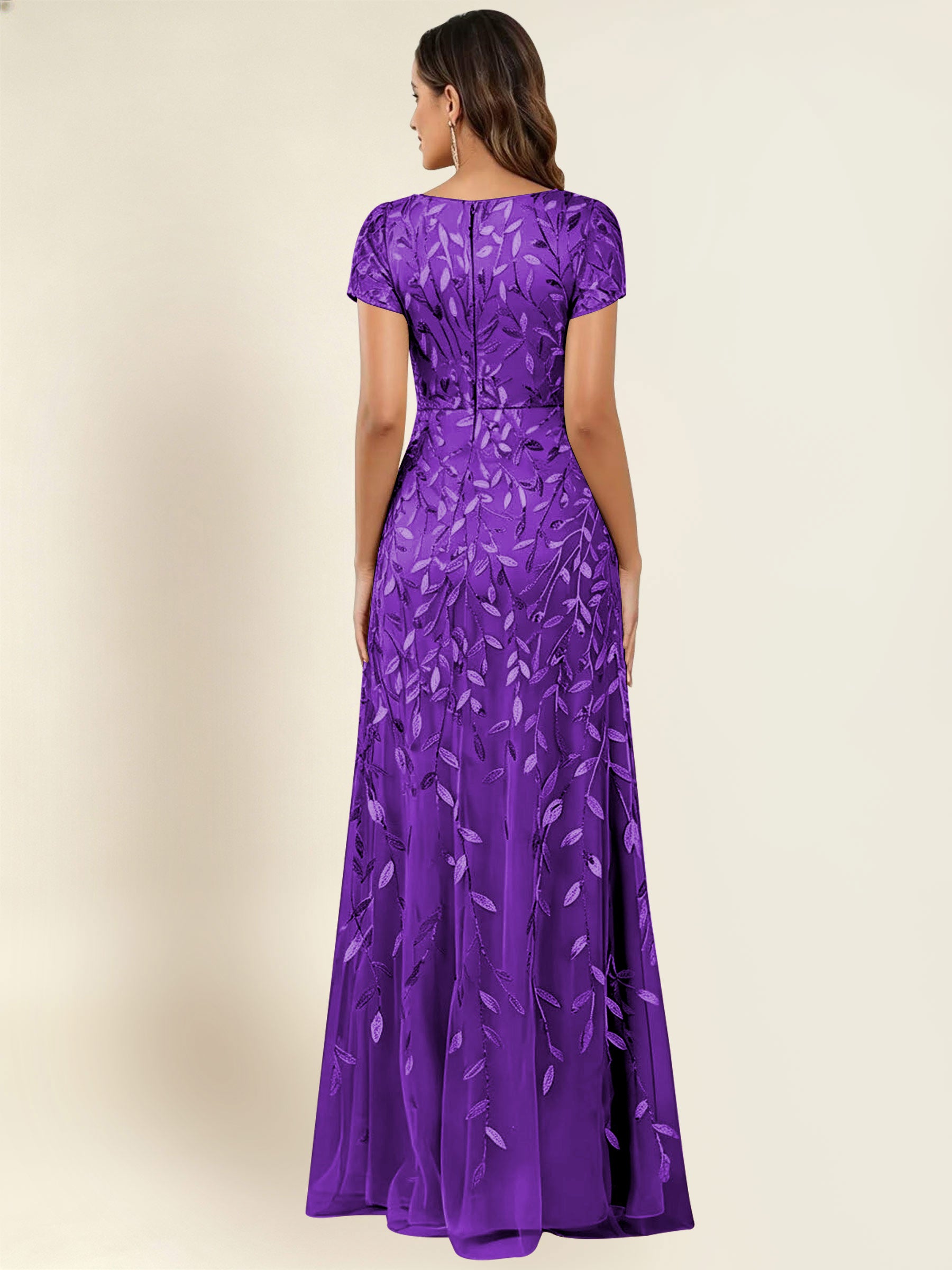 ROVDESY Sequin Mermaid Long Mother Of The Bride Dress With Short Sleeves Formal Gown