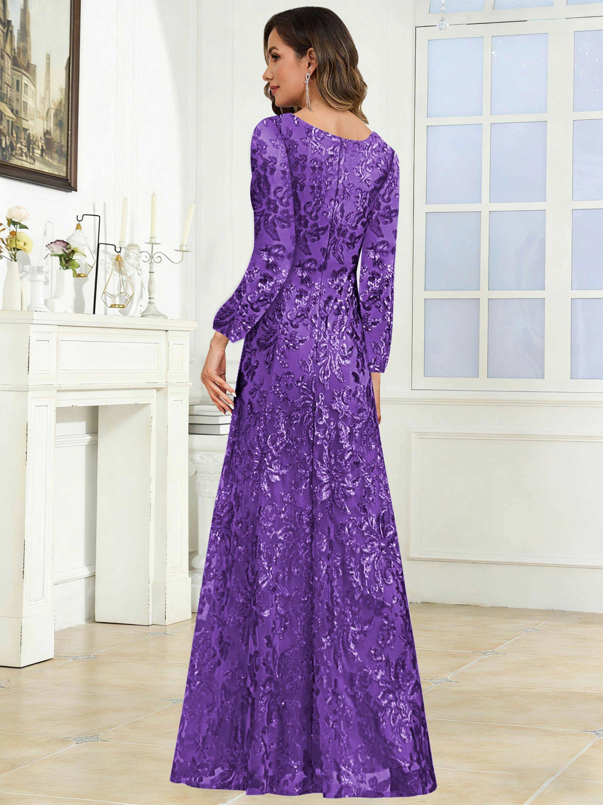 Crew Neck Sequin Lace Long Sleeve Mother of the Bride Dress