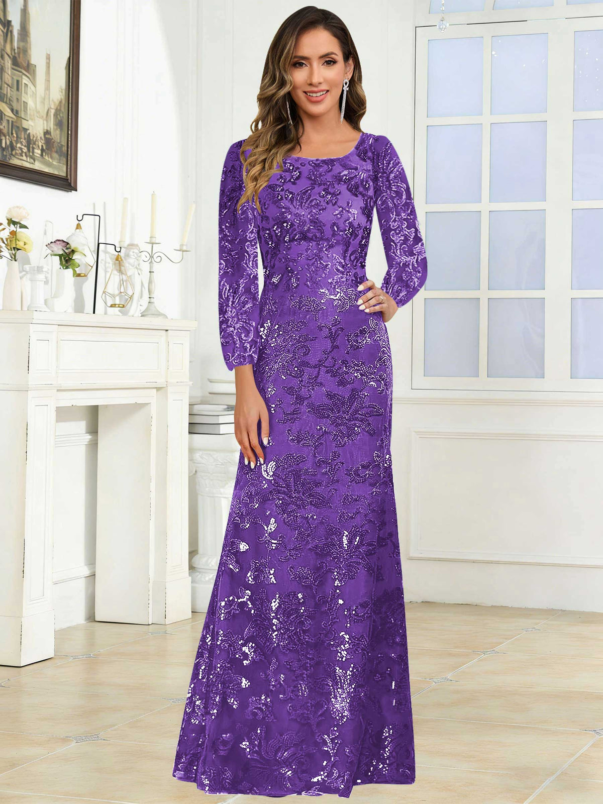 Crew Neck Sequin Lace Long Sleeve Mother of the Bride Dress