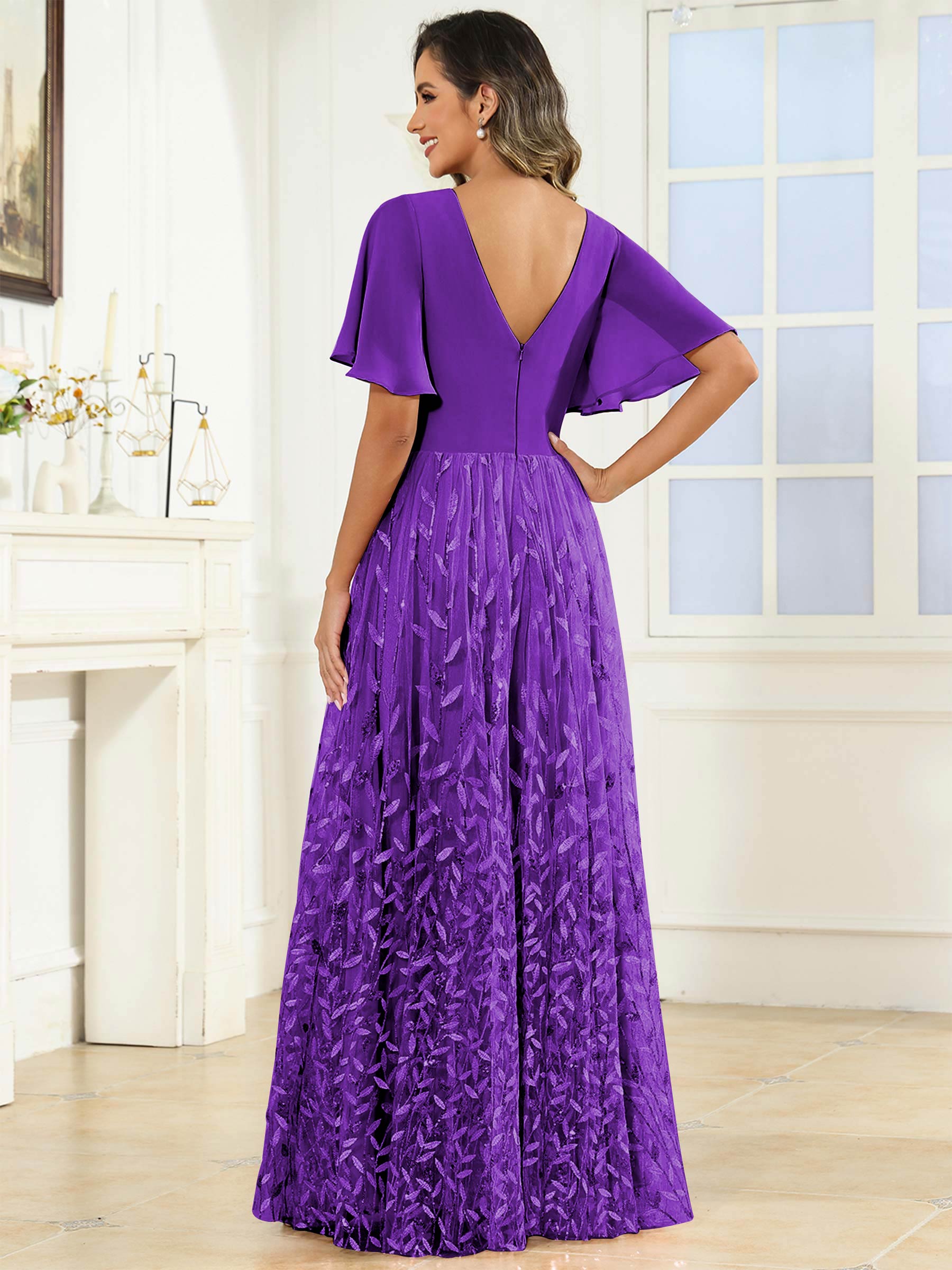 ROVDESY A-Line V-Neck Chiffon Sequin Mother Of The Bride Dress With Short Sleeves