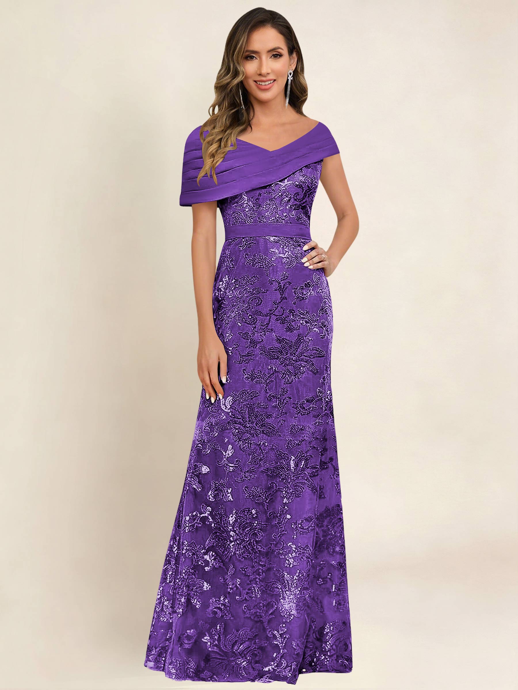 ROVDESY Off the Shoulder Sequin Mermaid Long Mother Of The Bride Dress Formal Gown