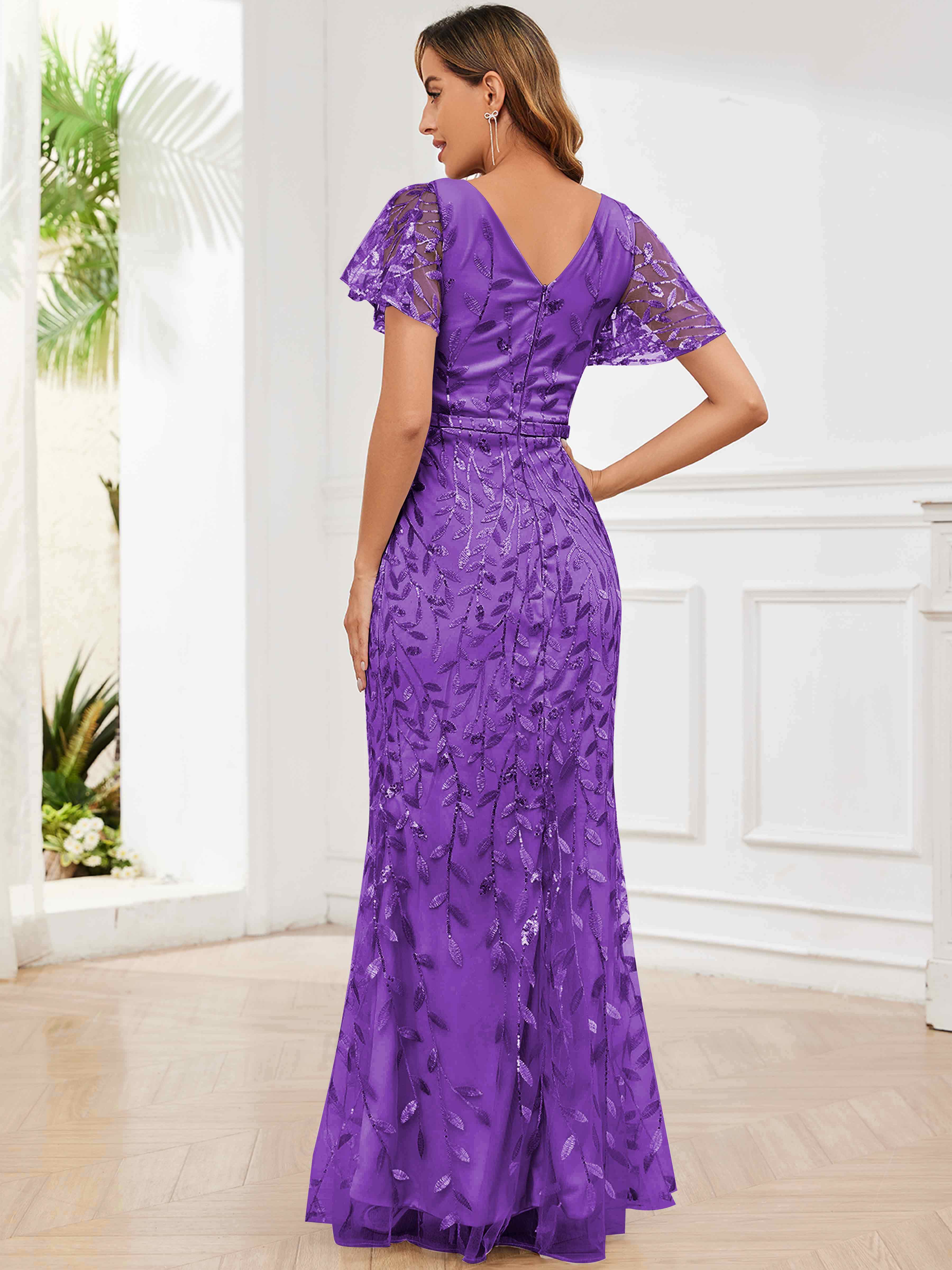 ROVDESY V-Neck Mermaid Sequin Mother Of The Bride Dress With Short Sleeves