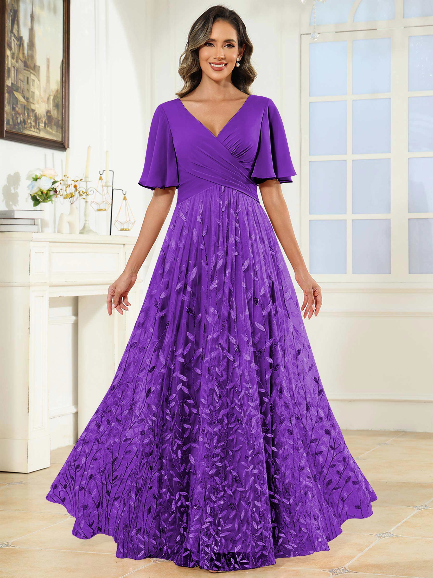 ROVDESY A-Line V-Neck Chiffon Sequin Mother Of The Bride Dress With Short Sleeves
