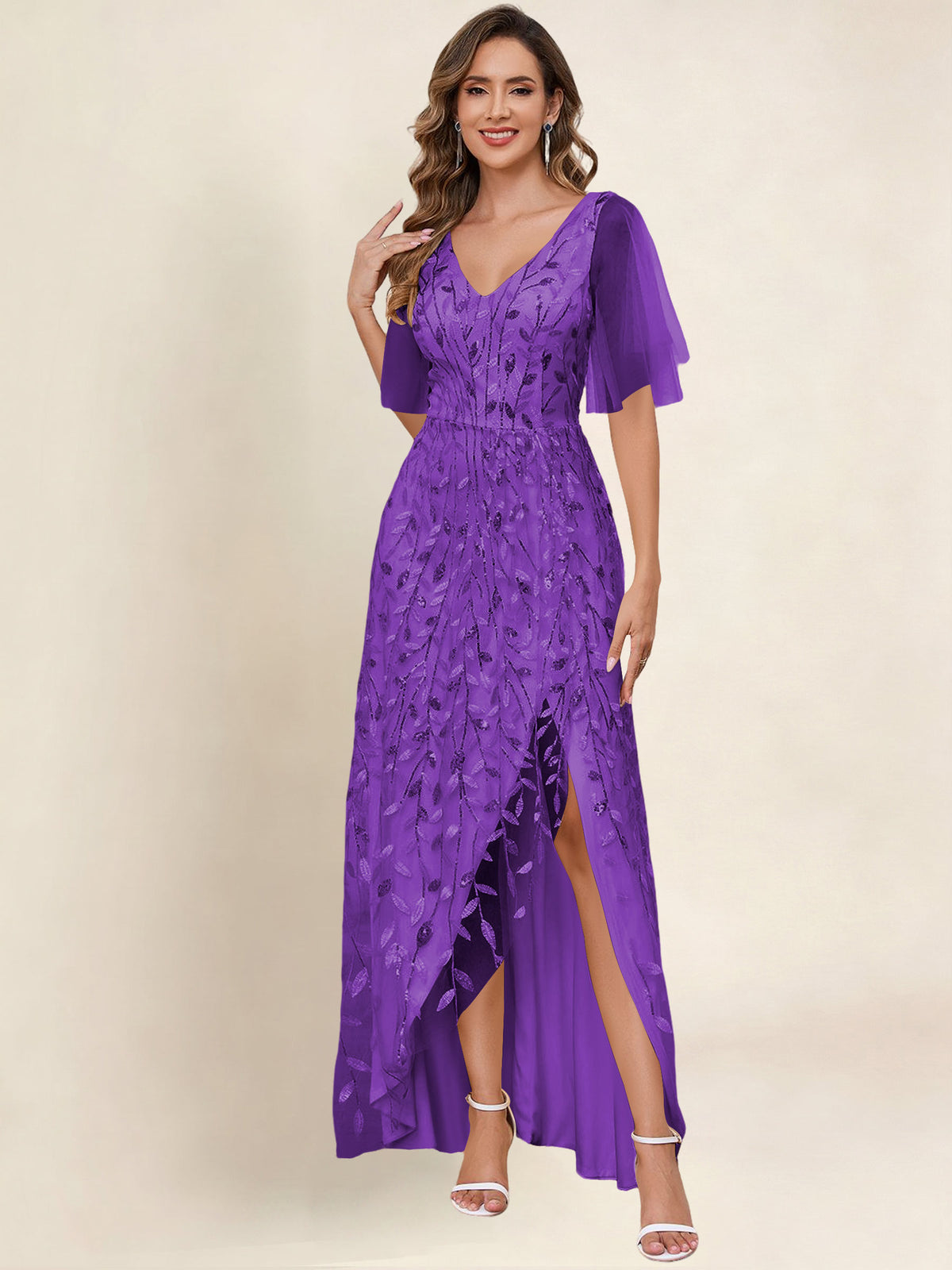 V Neck Sequin Tulle A Line Mother of the Bride Dress with Sleeves
