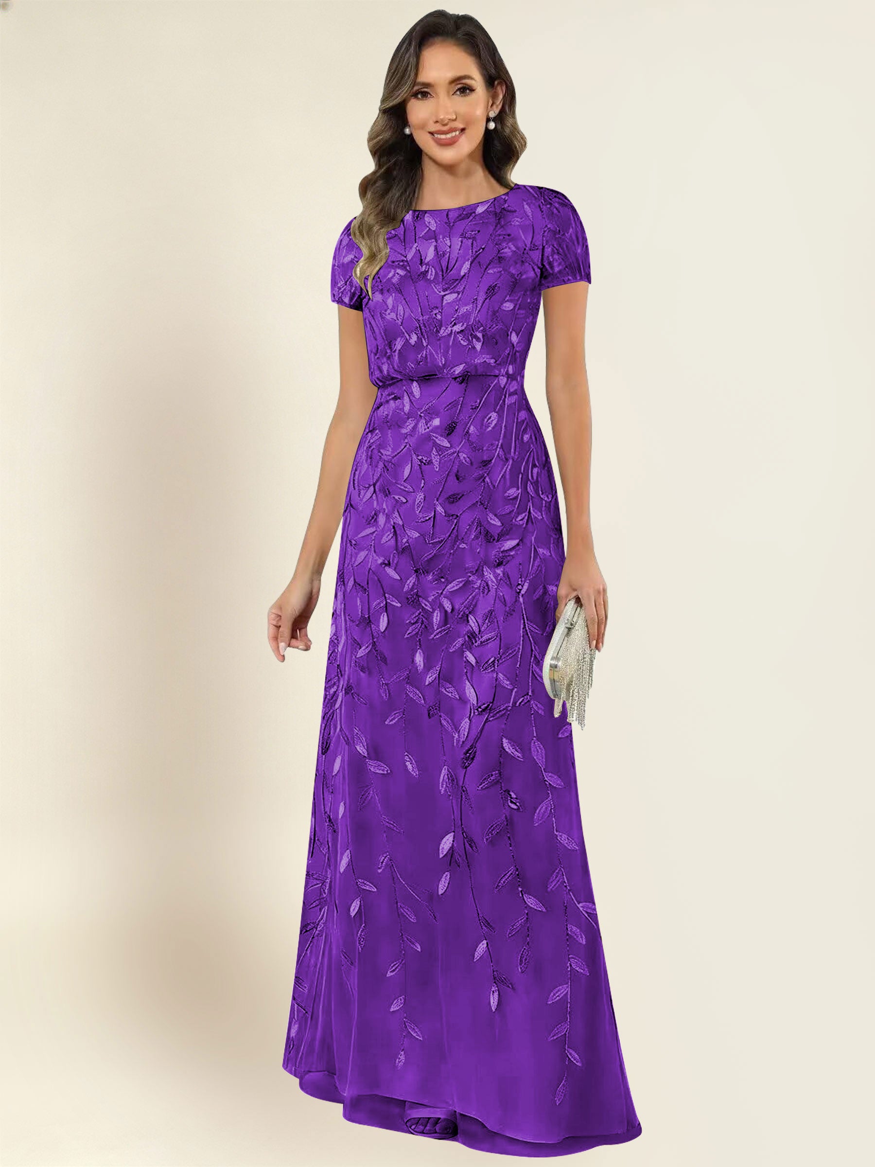 ROVDESY Sequin Mermaid Long Mother Of The Bride Dress With Short Sleeves Formal Gown