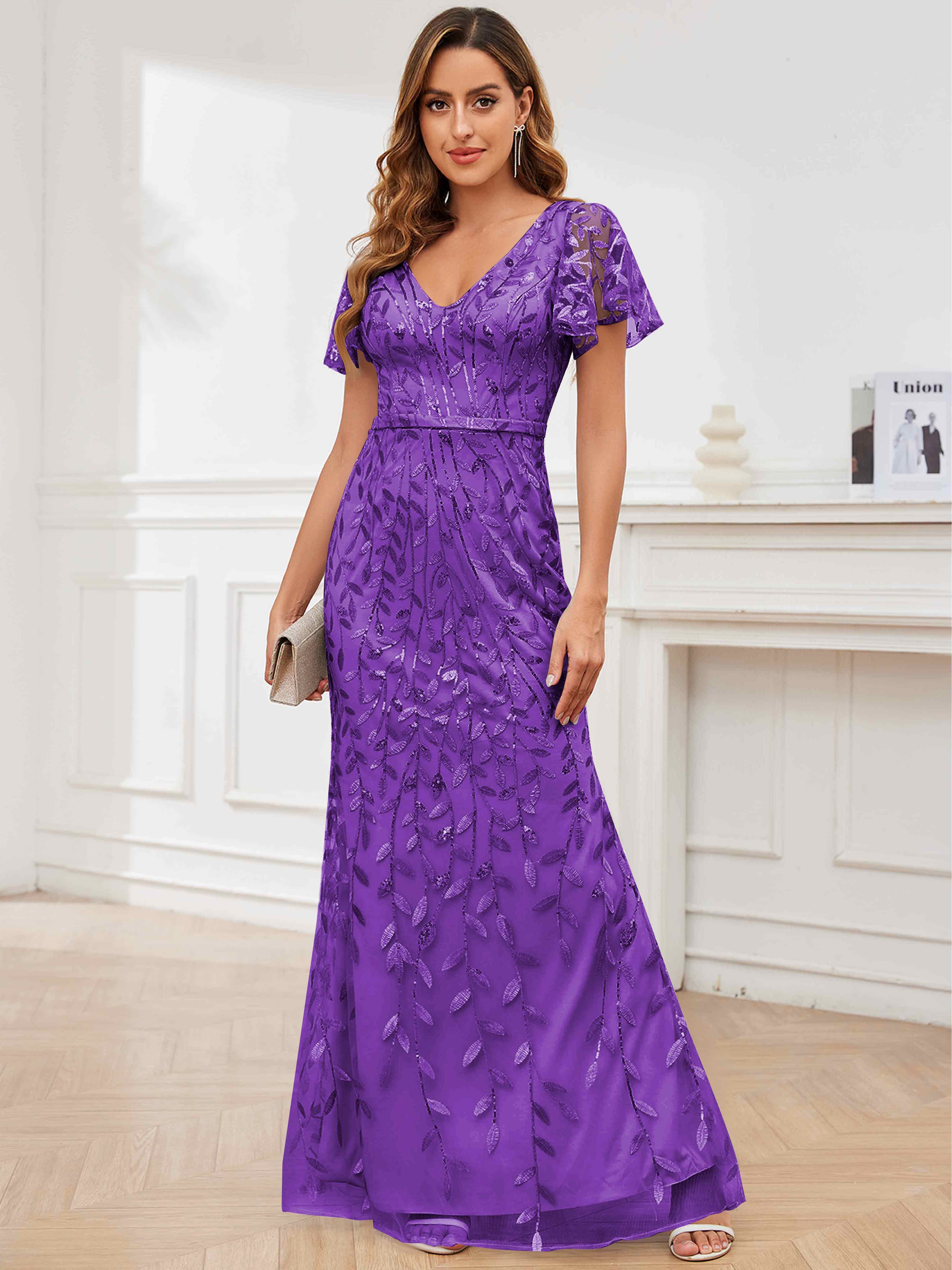 ROVDESY V-Neck Mermaid Sequin Mother Of The Bride Dress With Short Sleeves