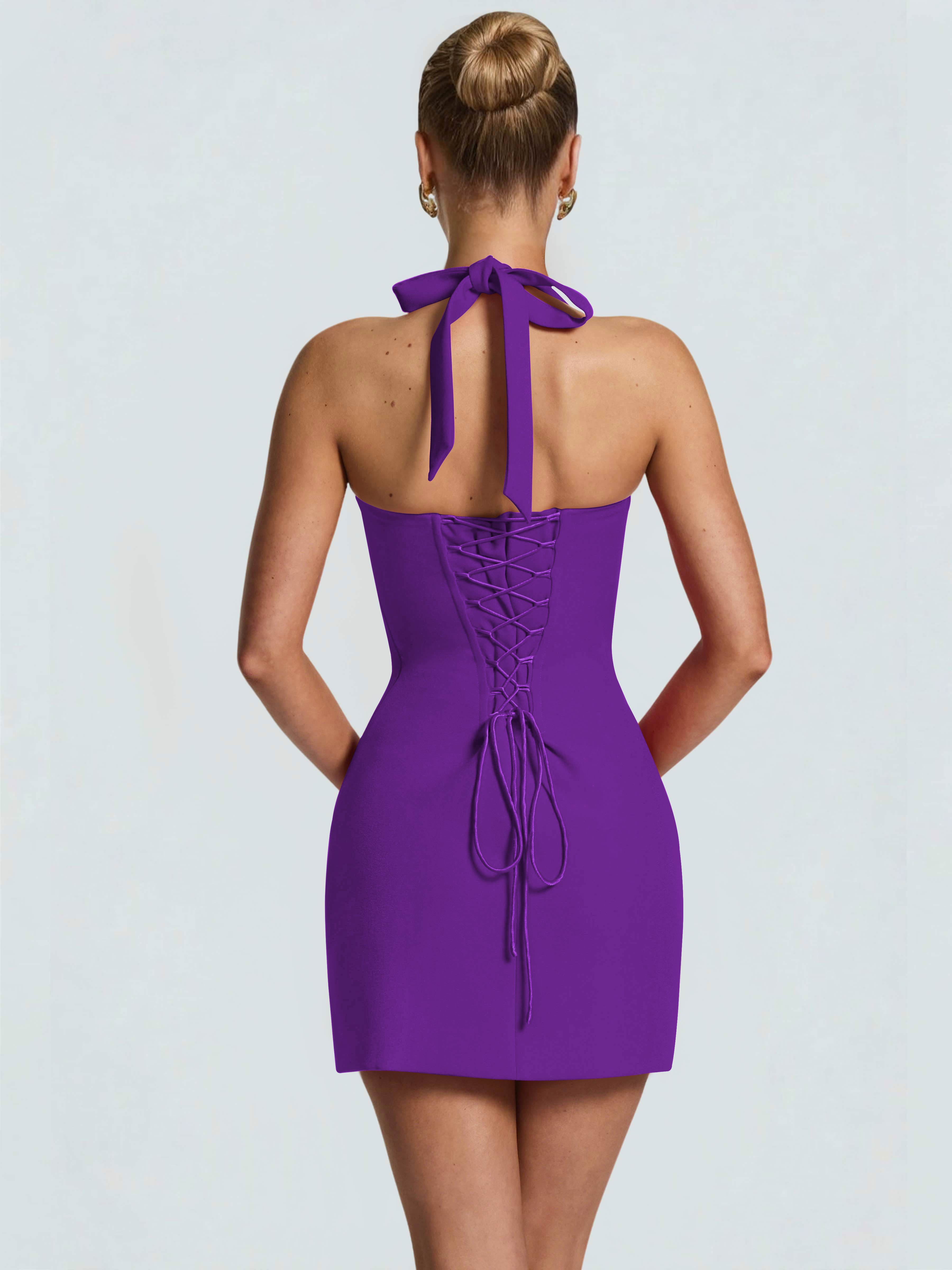ROVDESY Halter Lace Satin Tight Homecoming Mini Dress