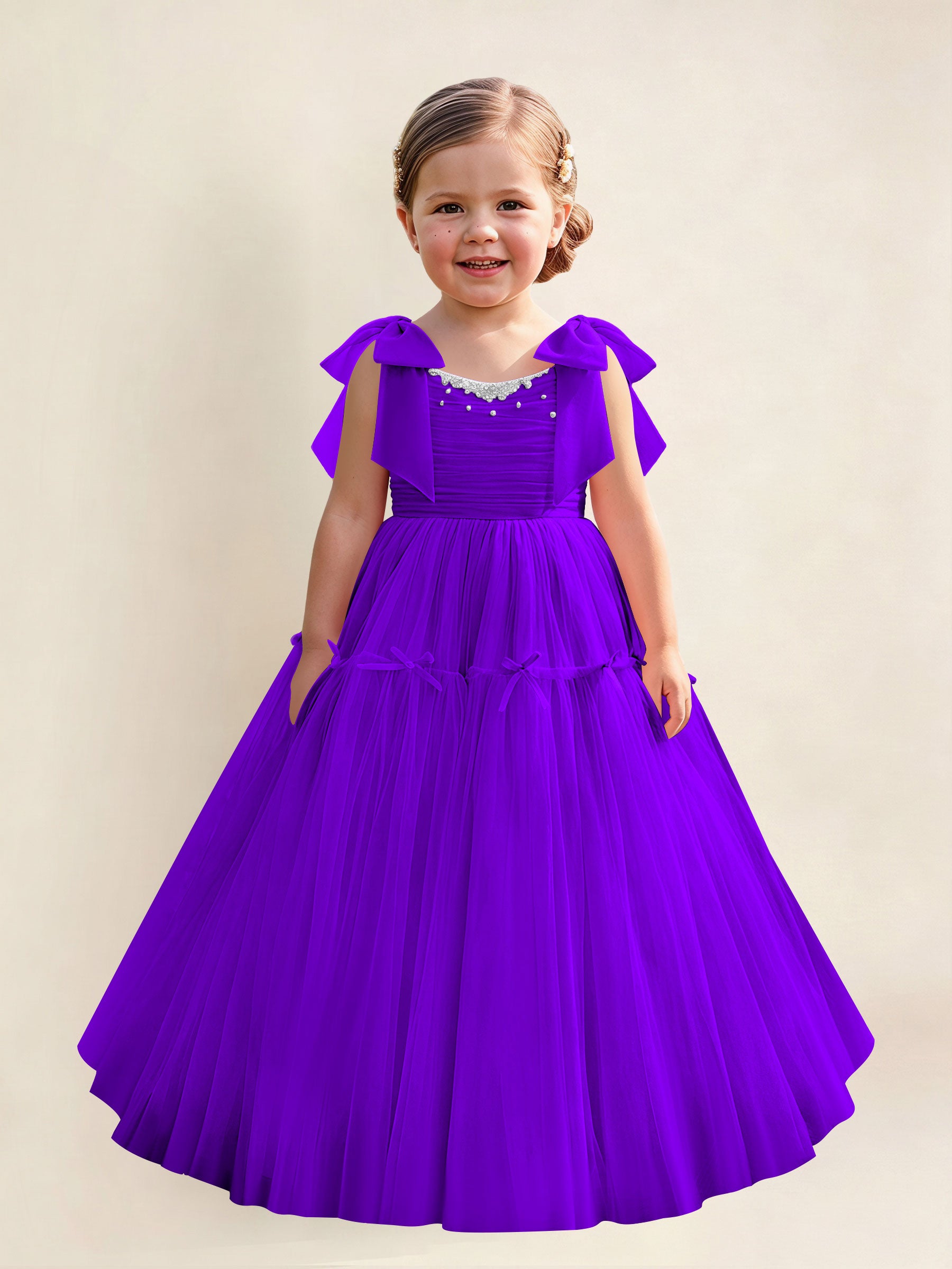 ROVDESY A-Line Tulle Flower Girl Dress With Bow Long Ball Gown Dress