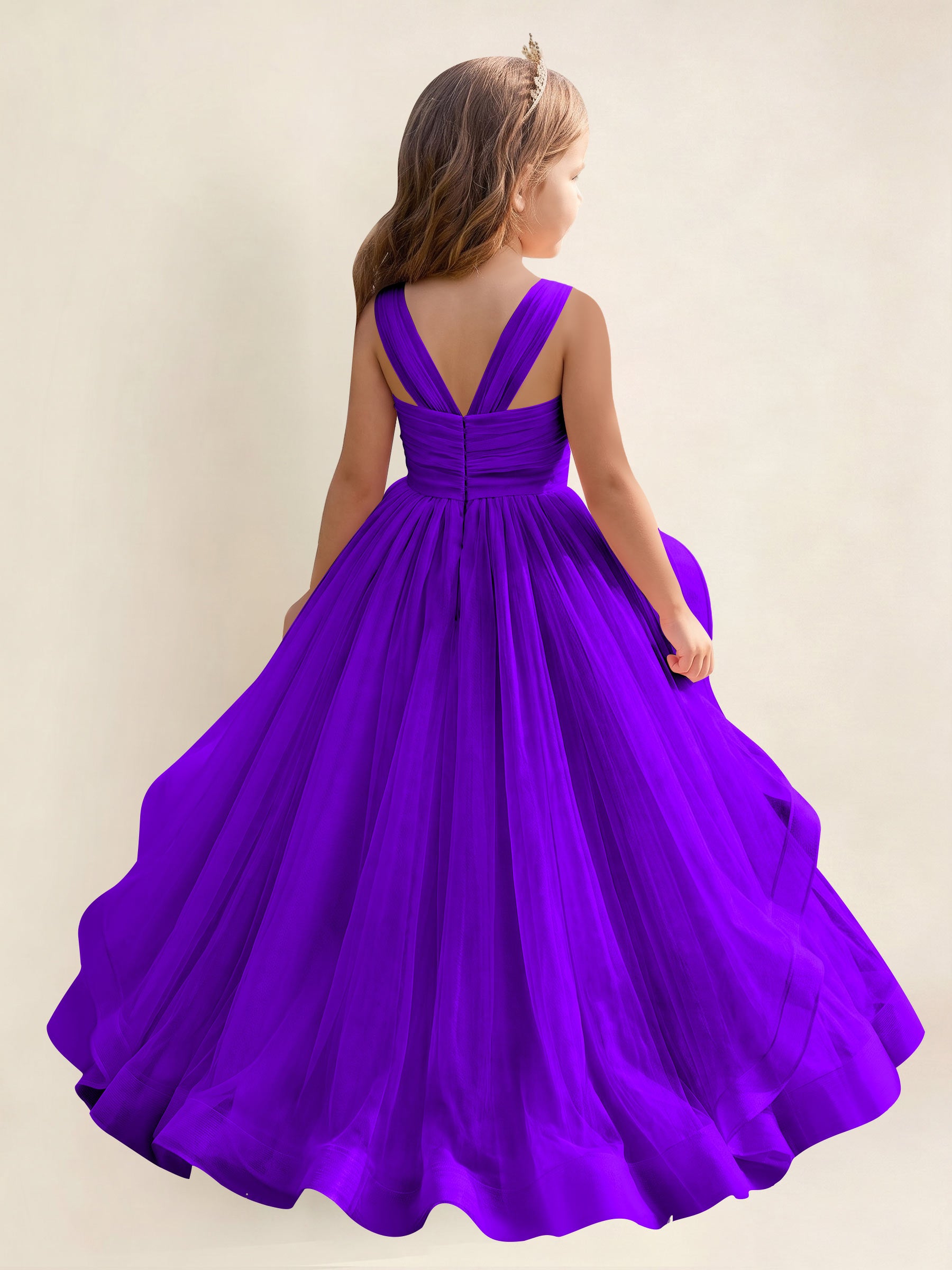 ROVDESY A-Line V-Neck Tulle Flower Girl Dress With Sleeveless Long Ball Gown Dress