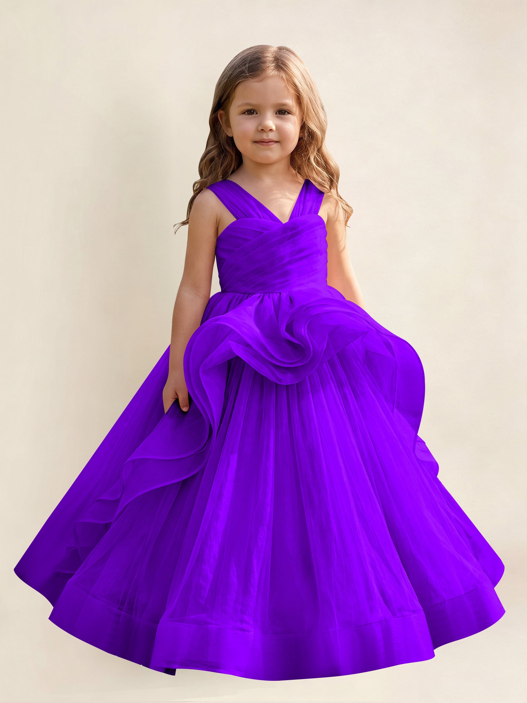 ROVDESY A-Line V-Neck Tulle Flower Girl Dress With Sleeveless Long Ball Gown Dress