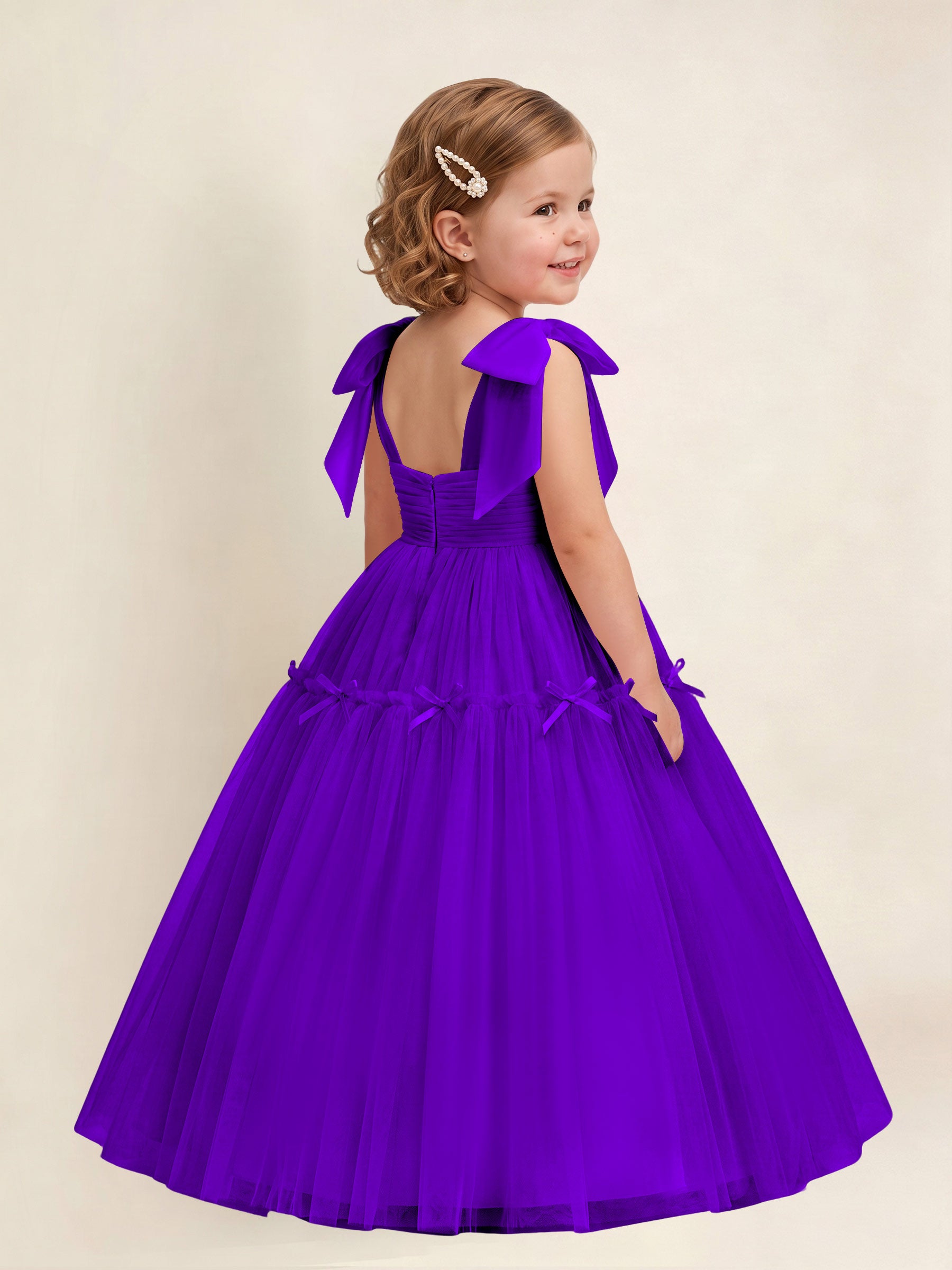 ROVDESY A-Line Tulle Flower Girl Dress With Bow Long Ball Gown Dress