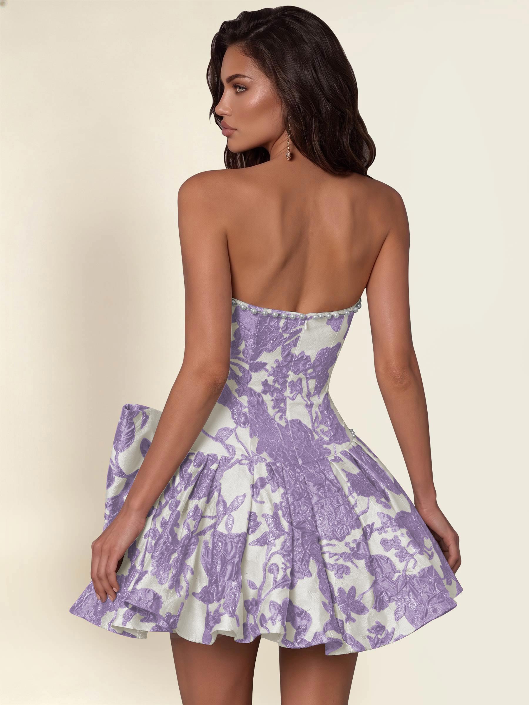 ROVDESY A-Line Strapless Jacquard Satin Homecoming Mini Dress With Big Bow