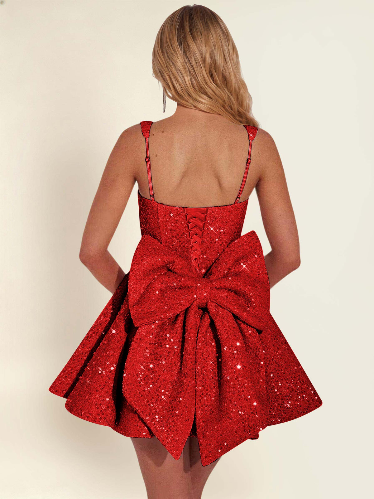 ROVDESY Sparkly Sequin A-Line Square Neck Homecoming Mini Dress With Big Bow
