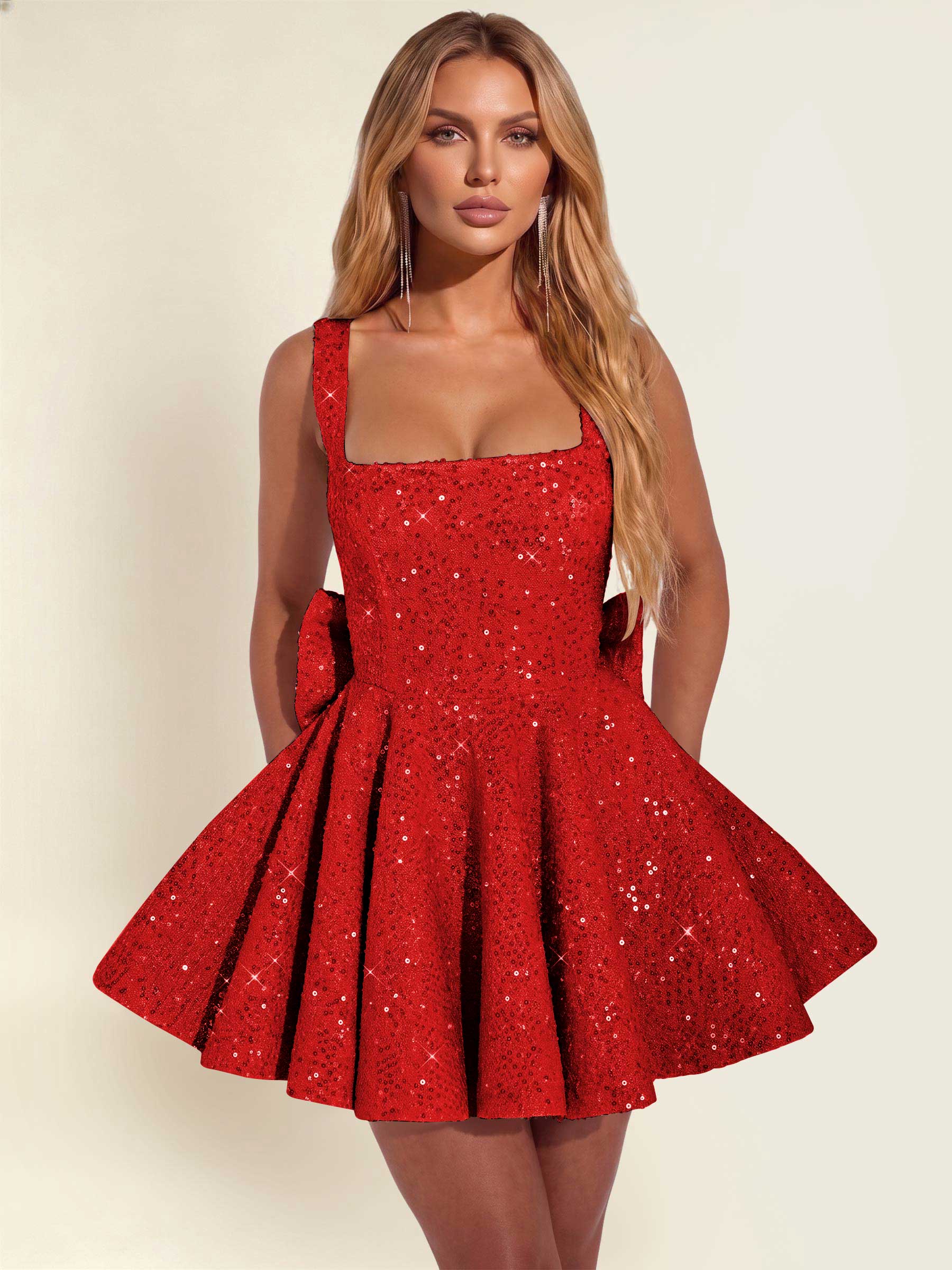 ROVDESY Sparkly Sequin A-Line Square Neck Homecoming Mini Dress With Big Bow