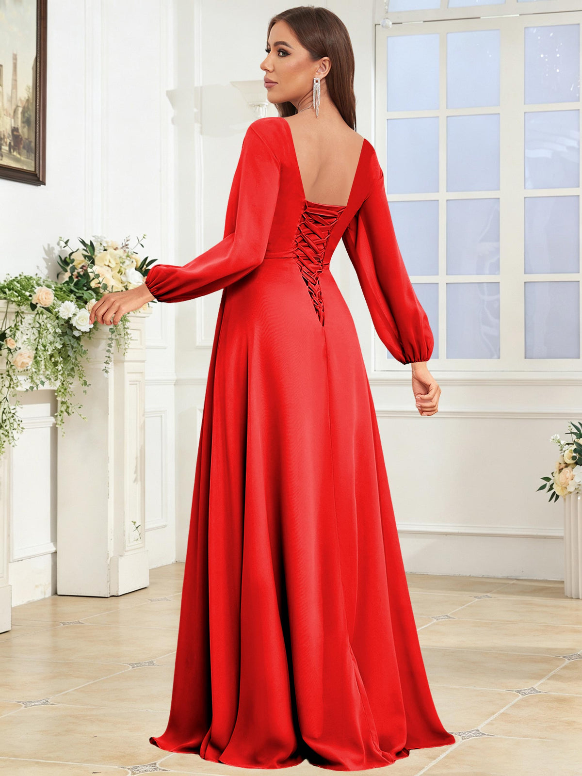 V Neck Chiffon Long Sleeve Bridesmaid Dresses with Slit