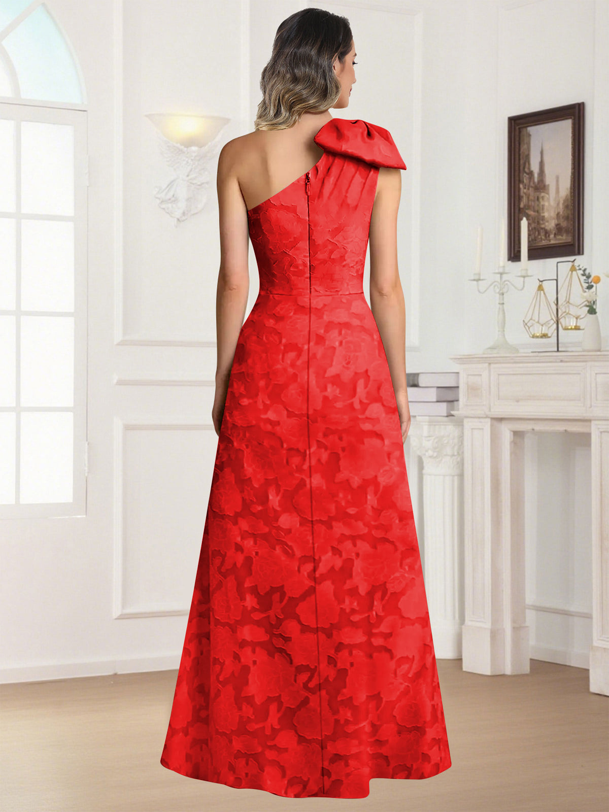 One Shoulder Floral Jacquard Mother of the Bride Dress