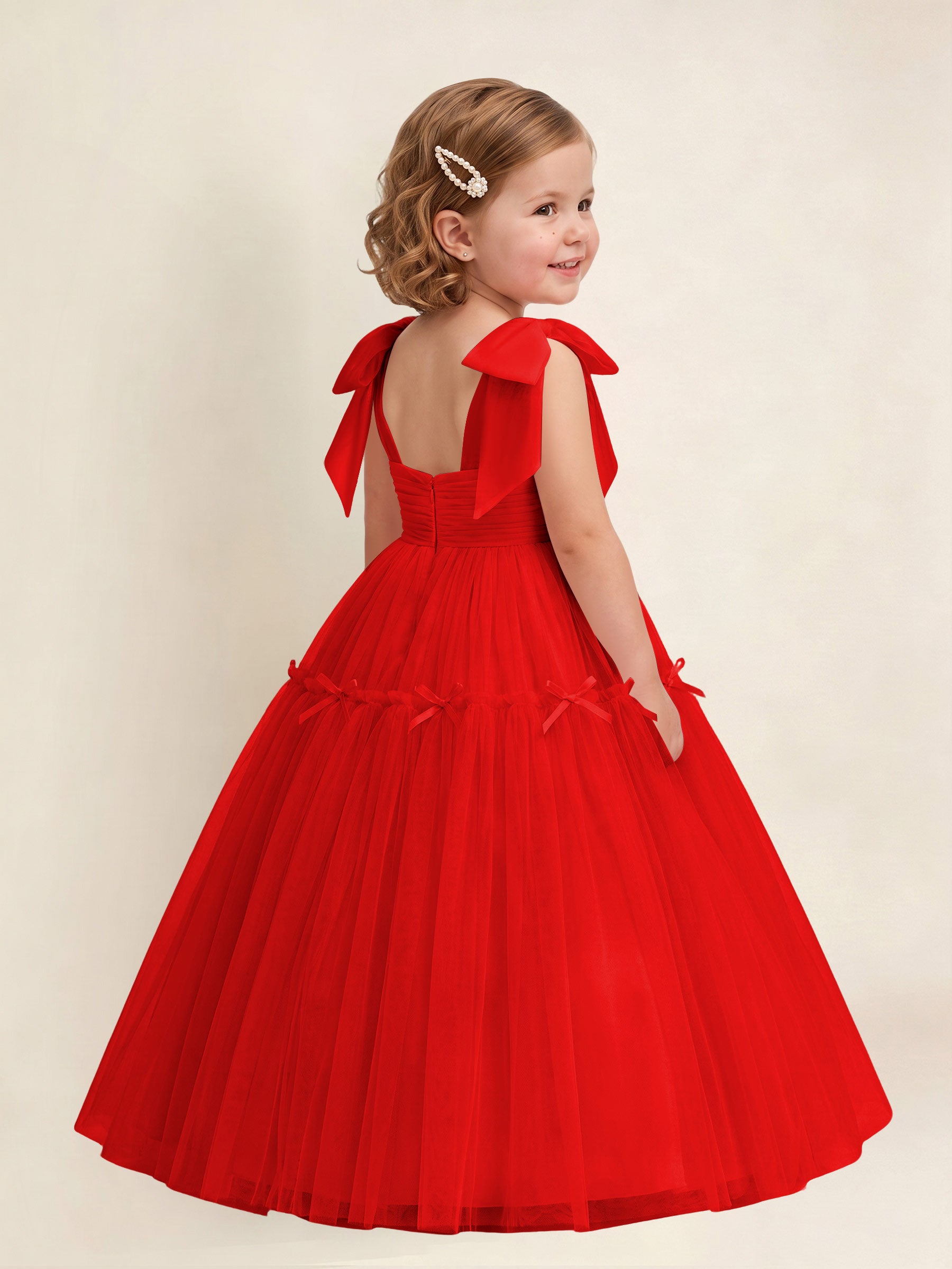 ROVDESY A-Line Tulle Flower Girl Dress With Bow Long Ball Gown Dress
