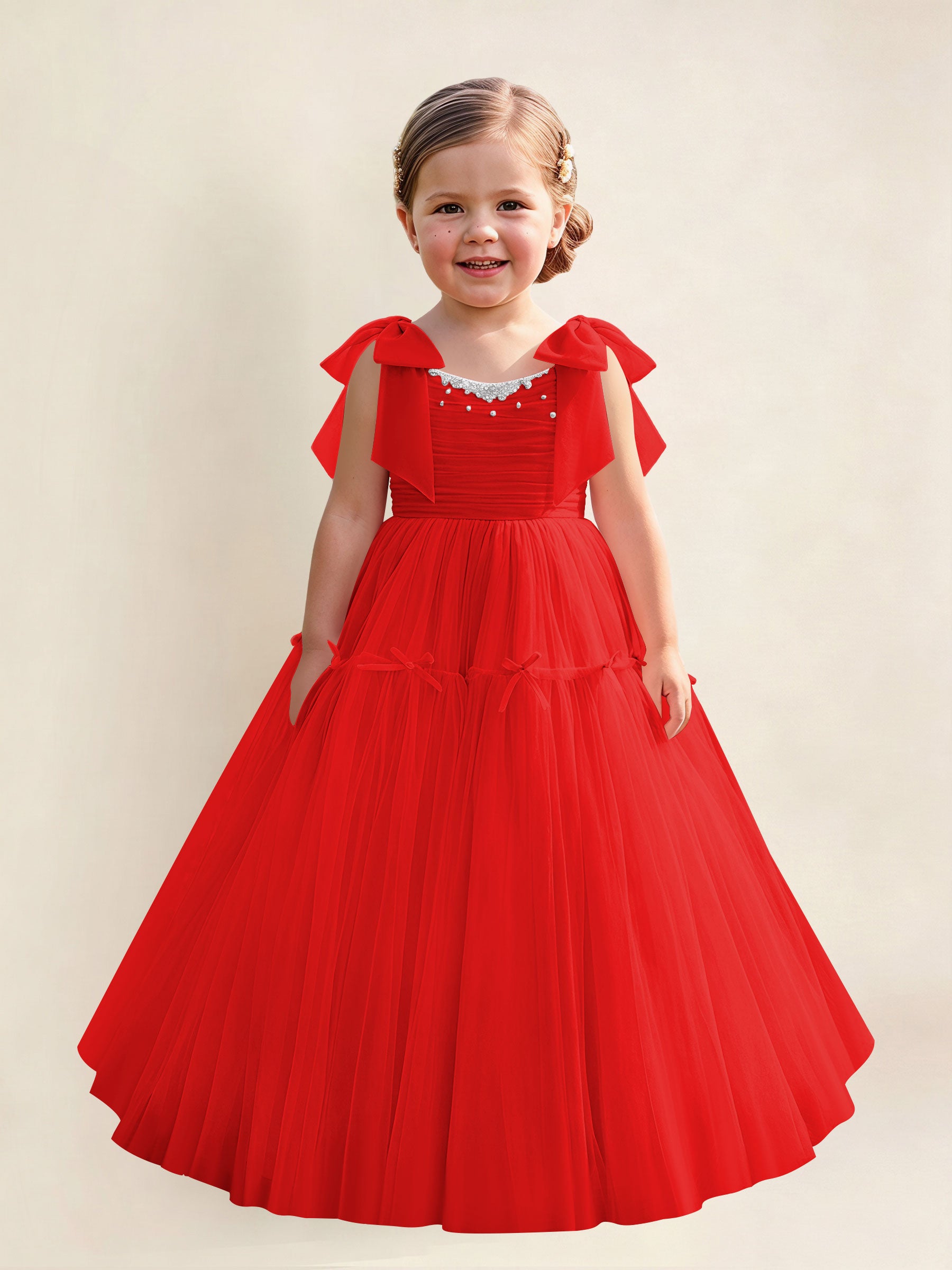 ROVDESY A-Line Tulle Flower Girl Dress With Bow Long Ball Gown Dress