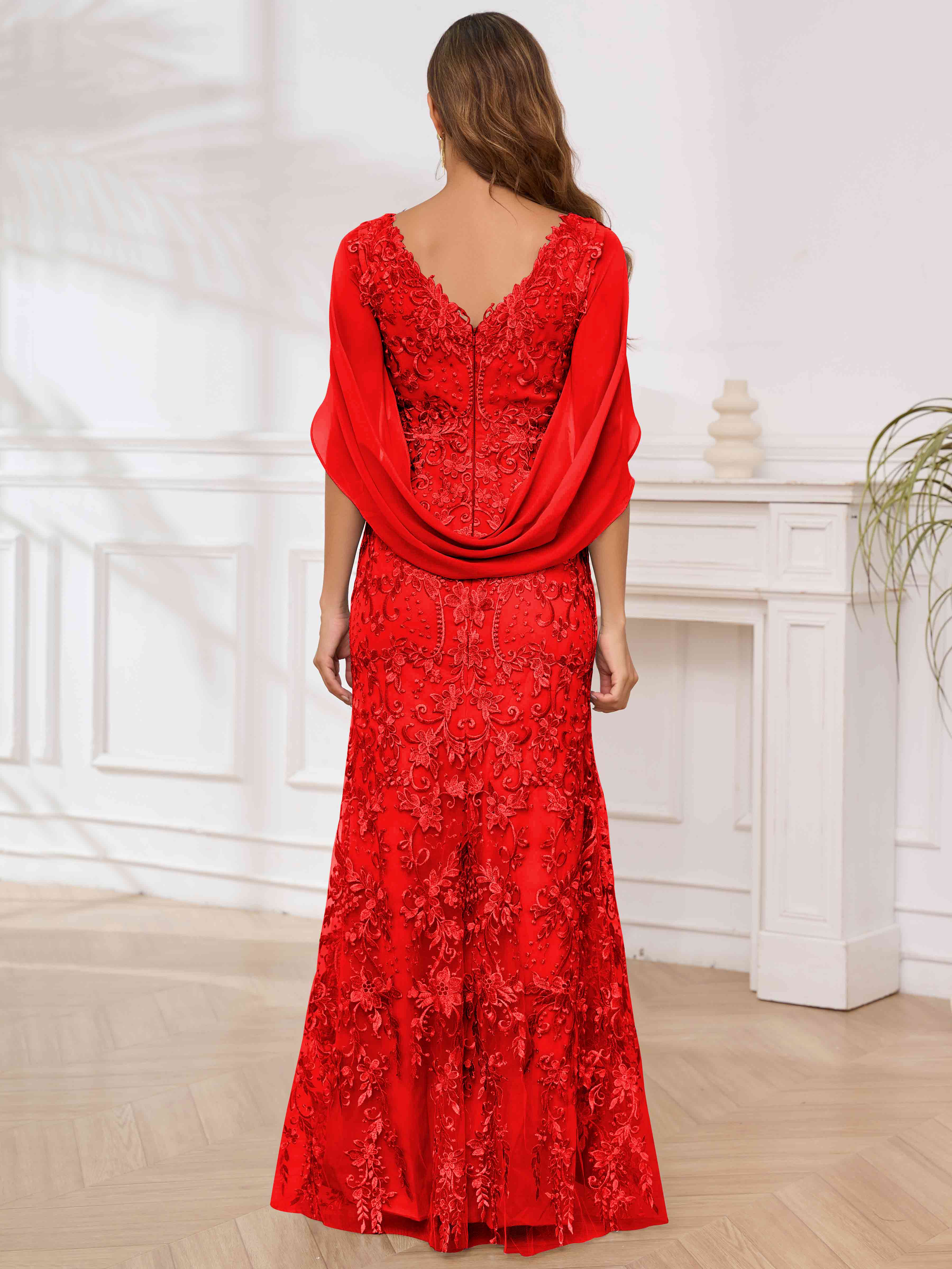 ROVDESY V-Neck Lace Mermaid Mother Of The Bride Dress With Cape Sleeves Long Formal Gown