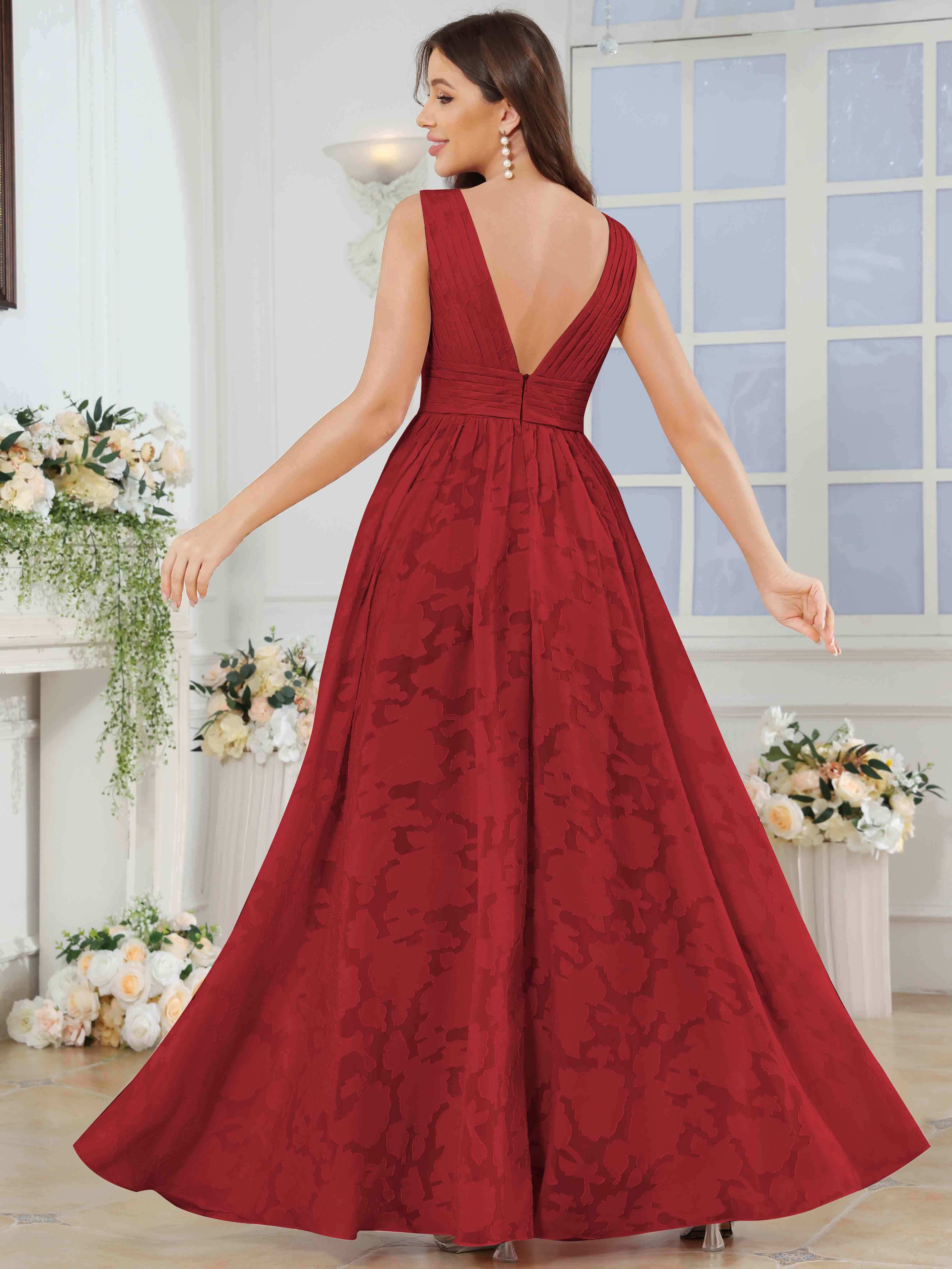 ROVDESY A-Line V-Neck Pleated Chiffon Jacquard Bridesmaid/Peom Dress With Slit
