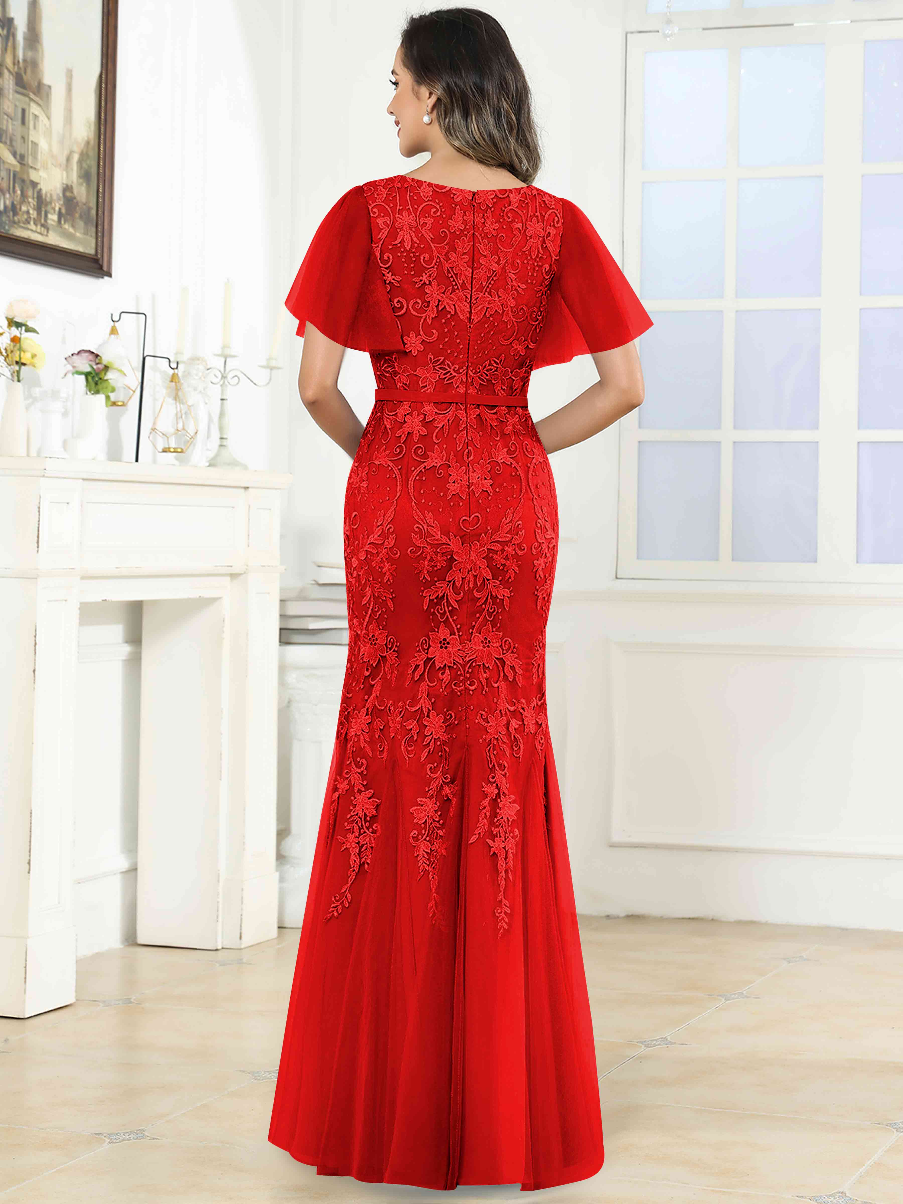 ROVDESY Elegant V-Neck Lace Mermaid Long Mother Of The Bride Dress Formal Gown With Sleeves
