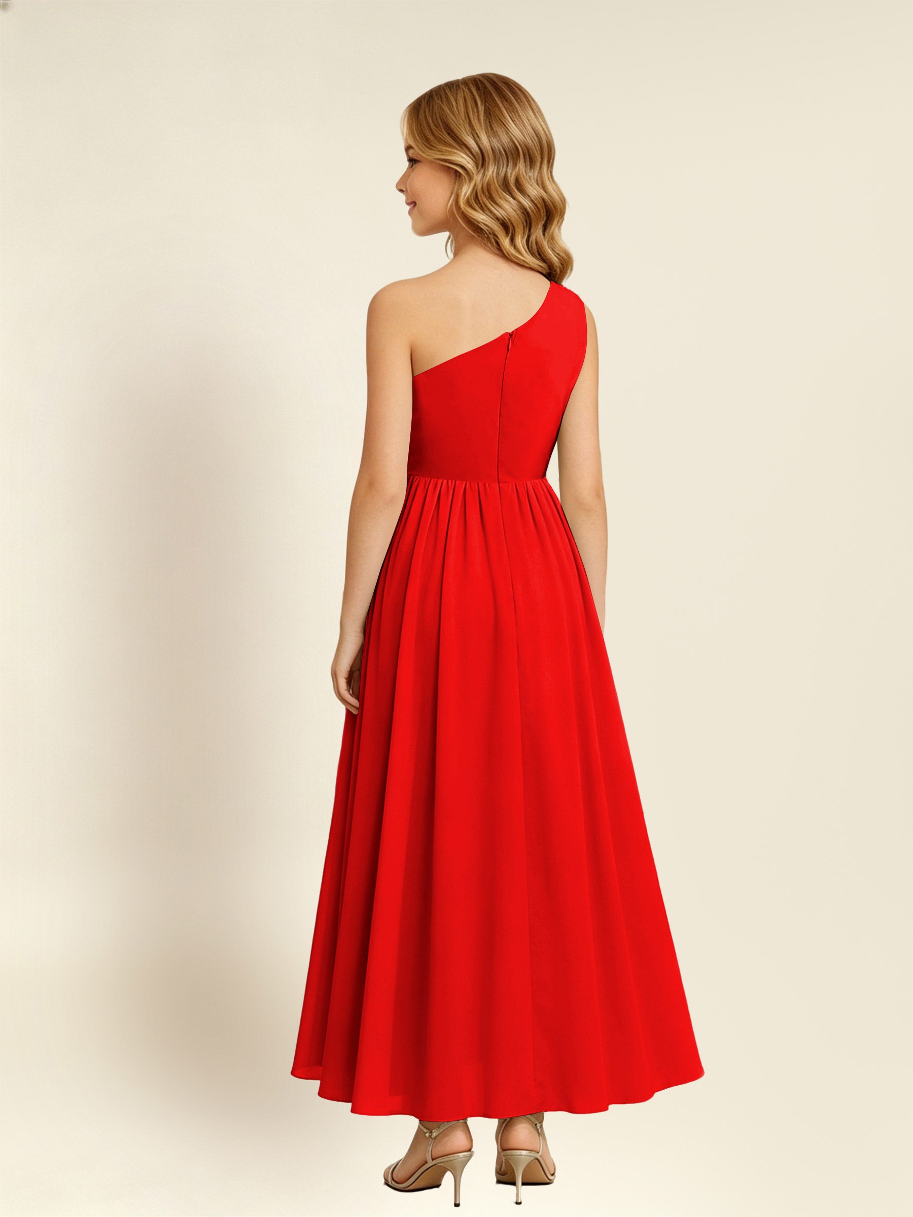 ROVDESY One Shoulder Twist Waist Chiffon Junior Bridesmaid Maxi Dress