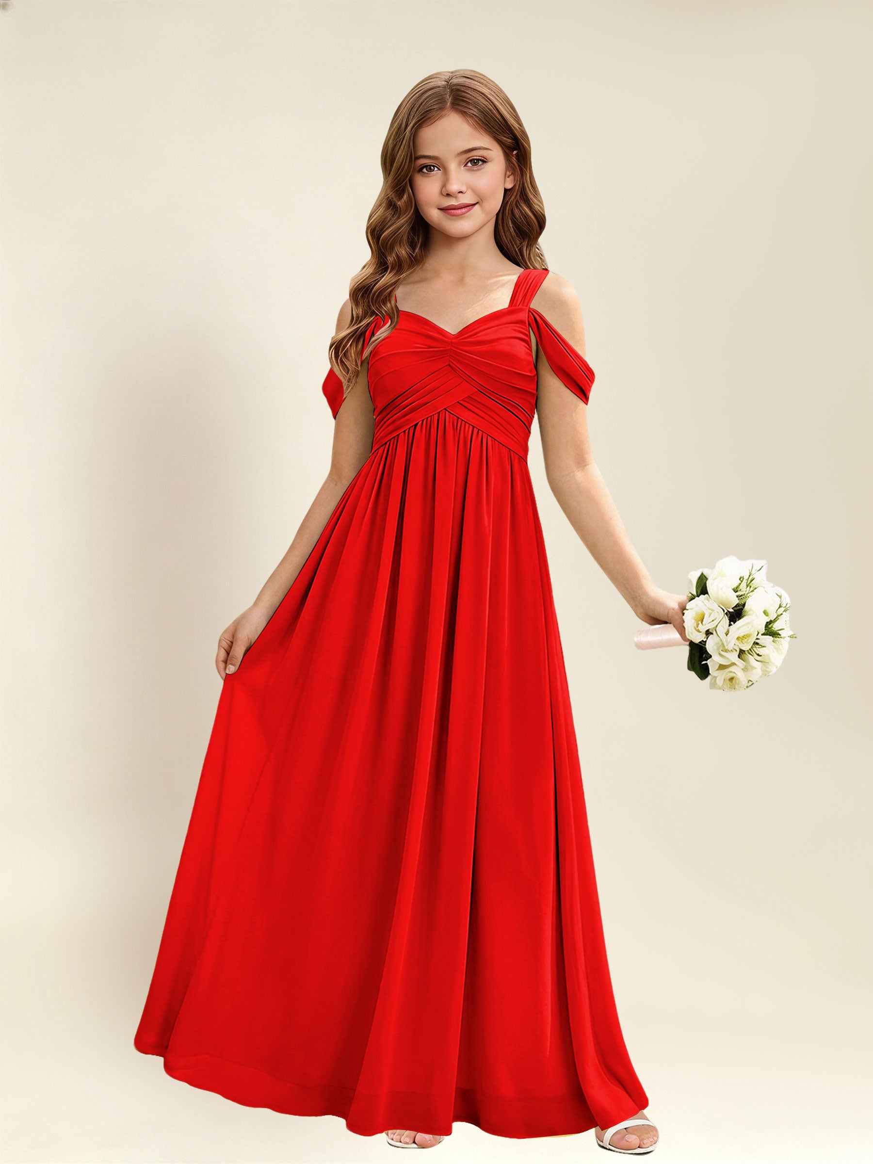 ROVDESY A-Line Off The Shoulder Pleated Chiffon Junior Bridesmaid Dress