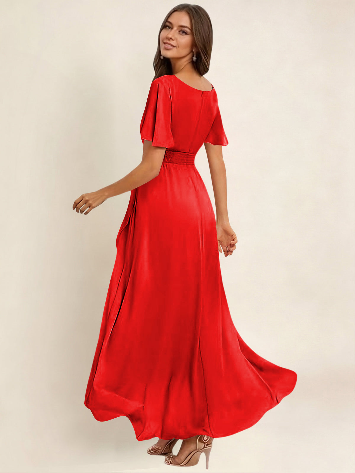 ROVDESY A-Line High Low Round Neck Pleated Ruffle Chiffon Bridesmaid Dress With Short Sleeves