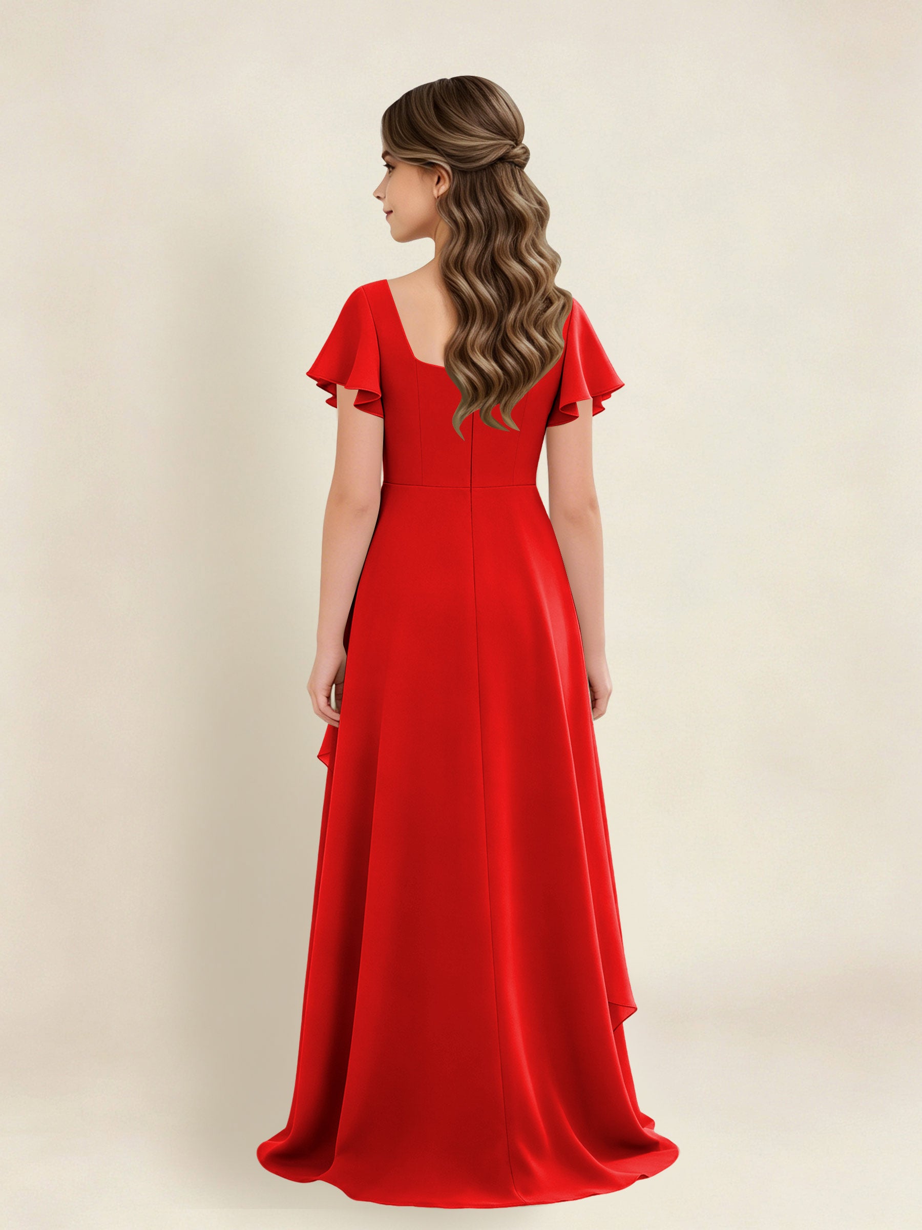 ROVDESY A-Line Square Neck Ruffle Chiffon Junior Bridesmaid Dress With Short Sleeves