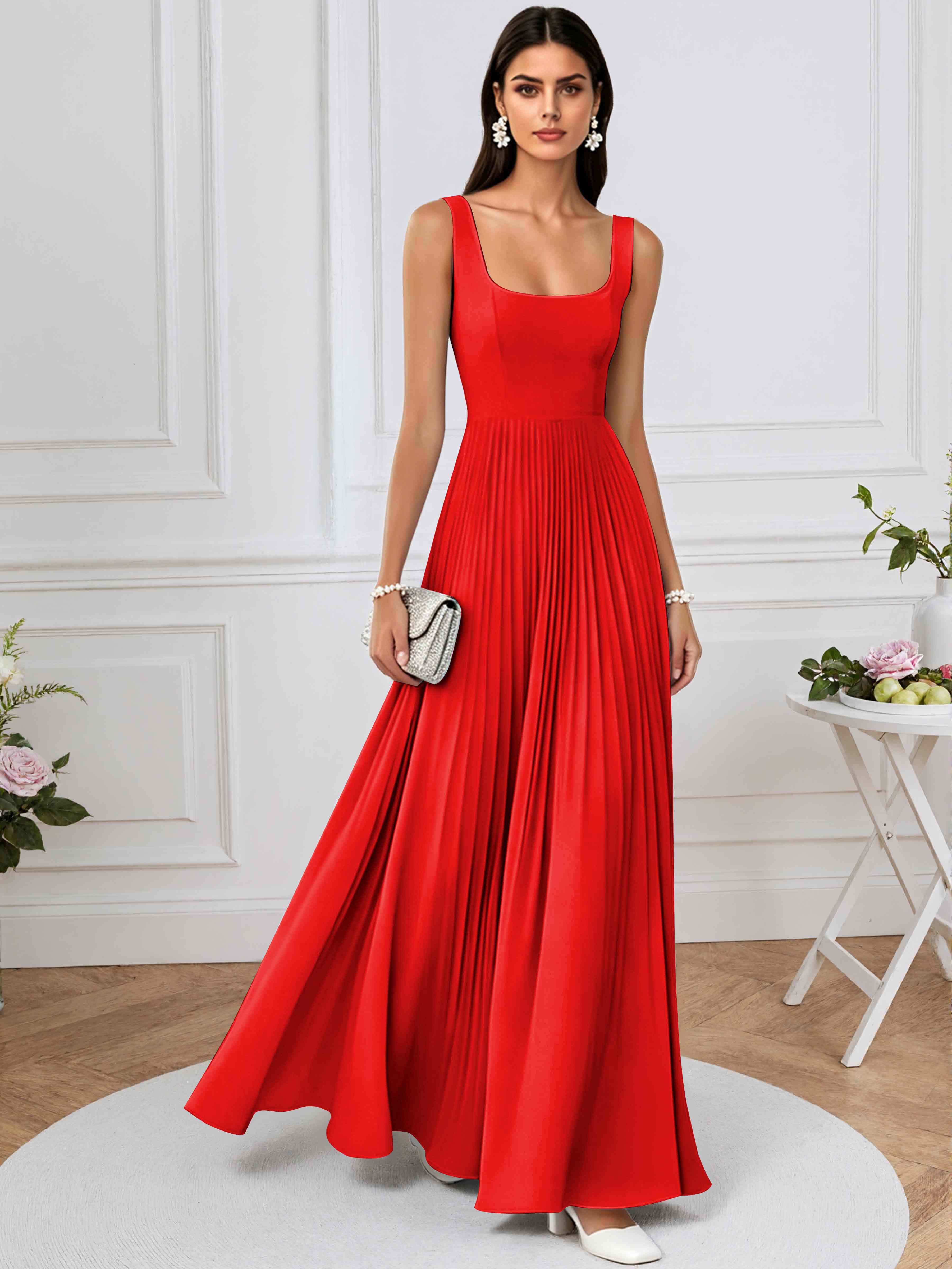 ROVDESY A-Line Square Neck Pleated Chiffon Long Bridesmaid/Prom Dress