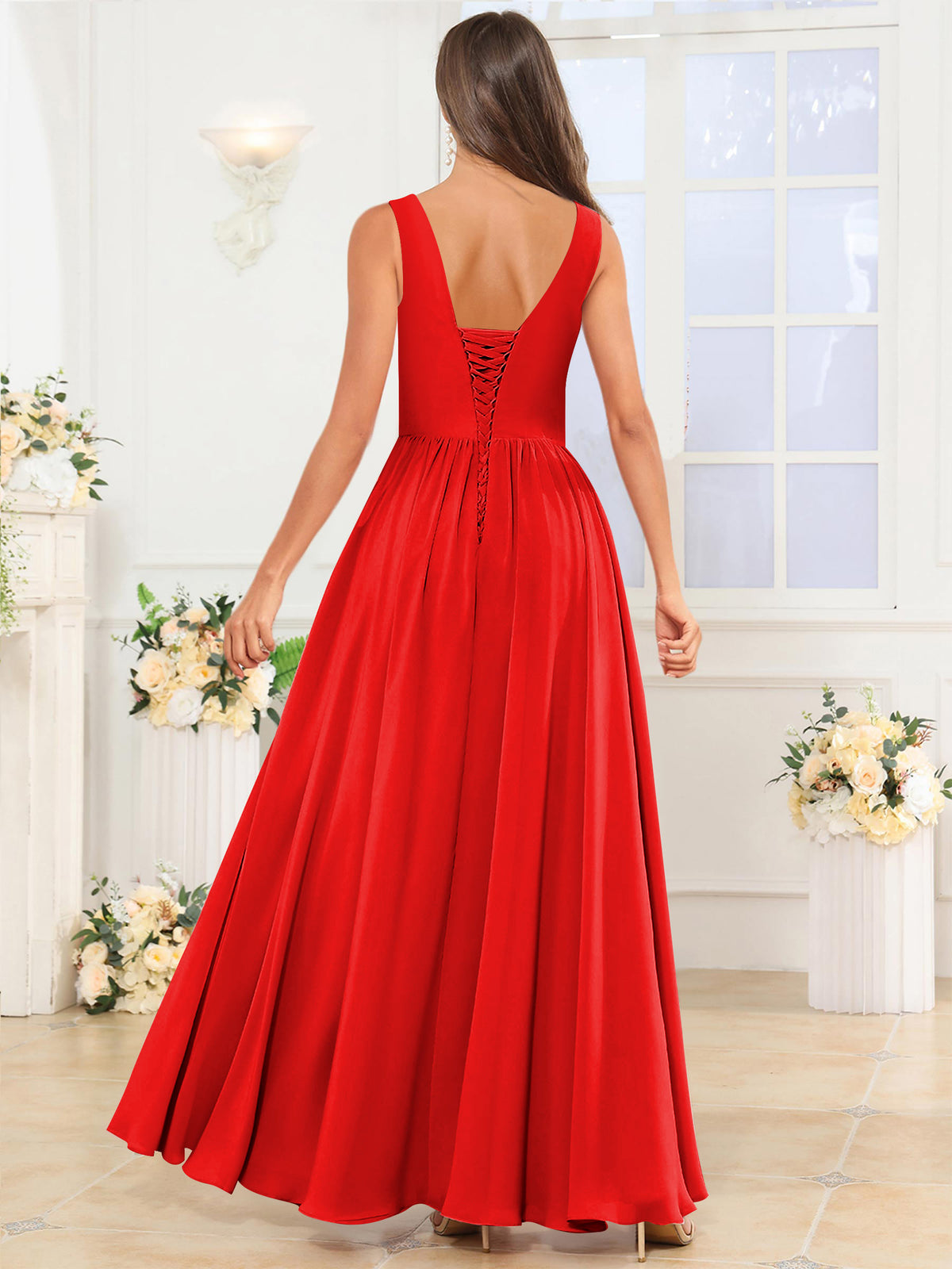 V Neck Chiffon A Line Bridesmaid Dress with Slit