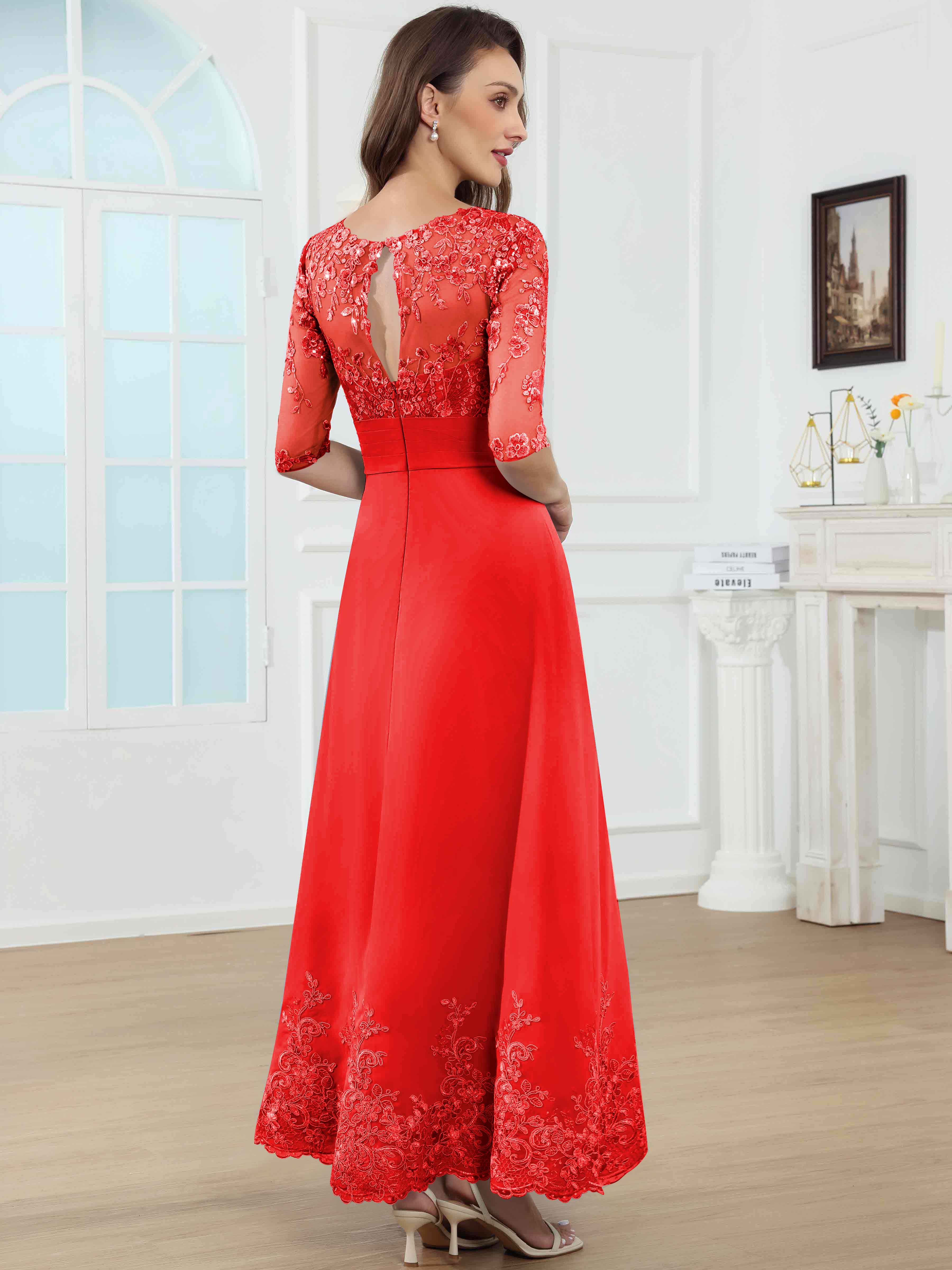 ROVDESY A-Line Lace Sequin Pleated Chiffon Mother Of The Bride Dress With Half Sleeves