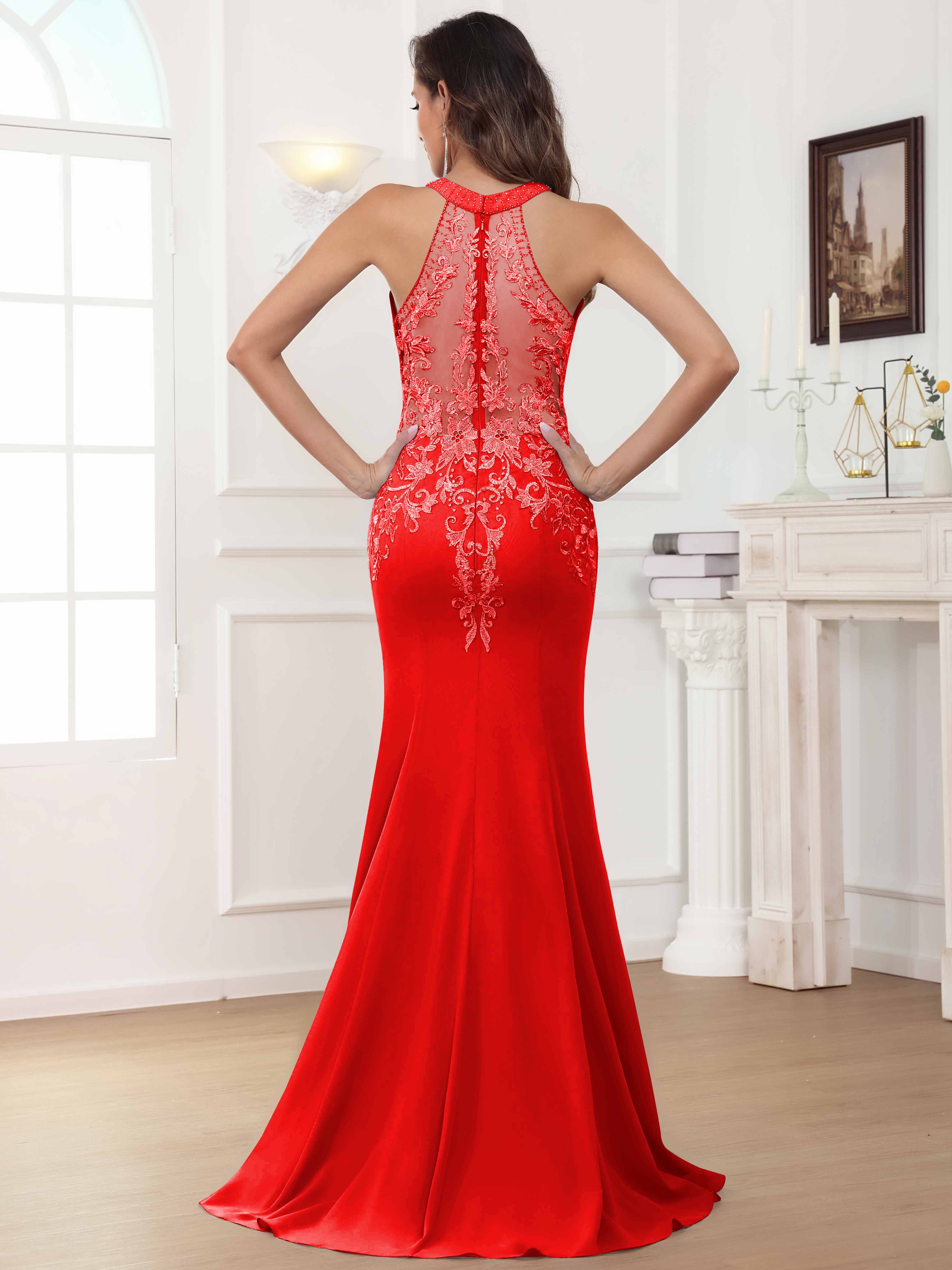 ROVDESY Halter Mermaid Lace Mother Of The Bride Dress With Jacket