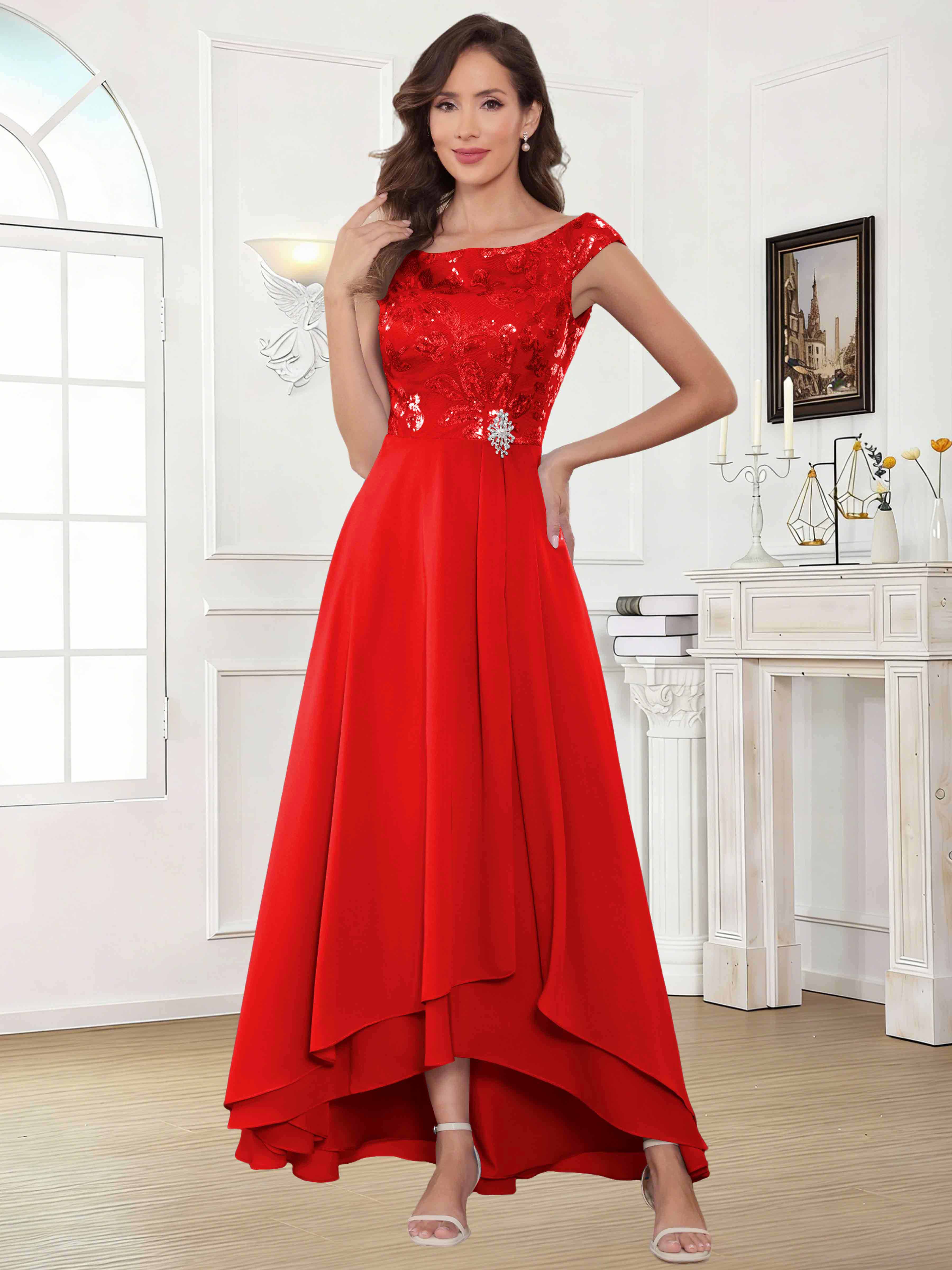 ROVDESY Tea Length Off-The-Shoulder Sequin Chiffon Mother Of The Bride Dress