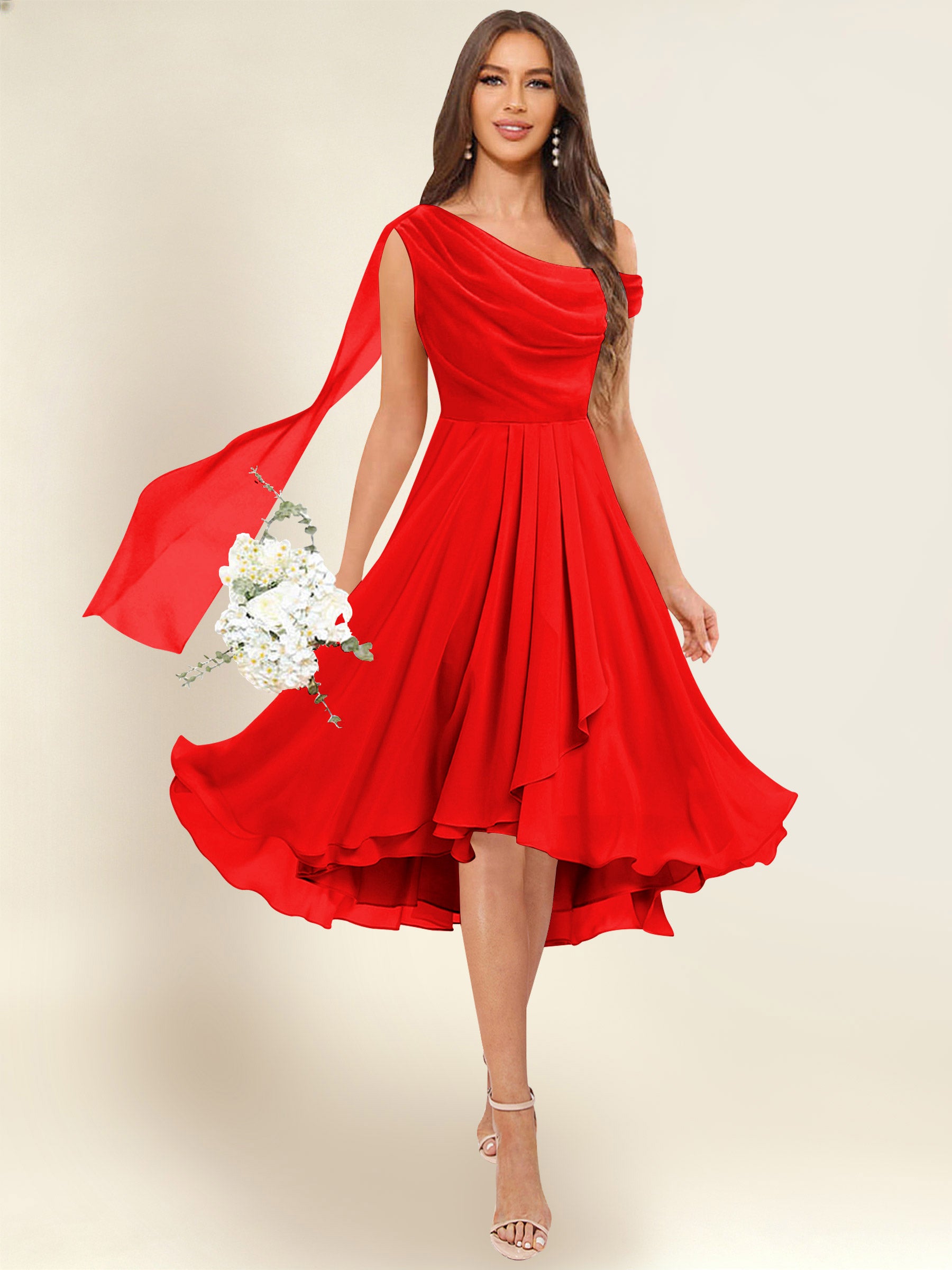 ROVDESY A-Line One Shoulder Pleated Chiffon Bridesmaid Dress With Flowing Sash