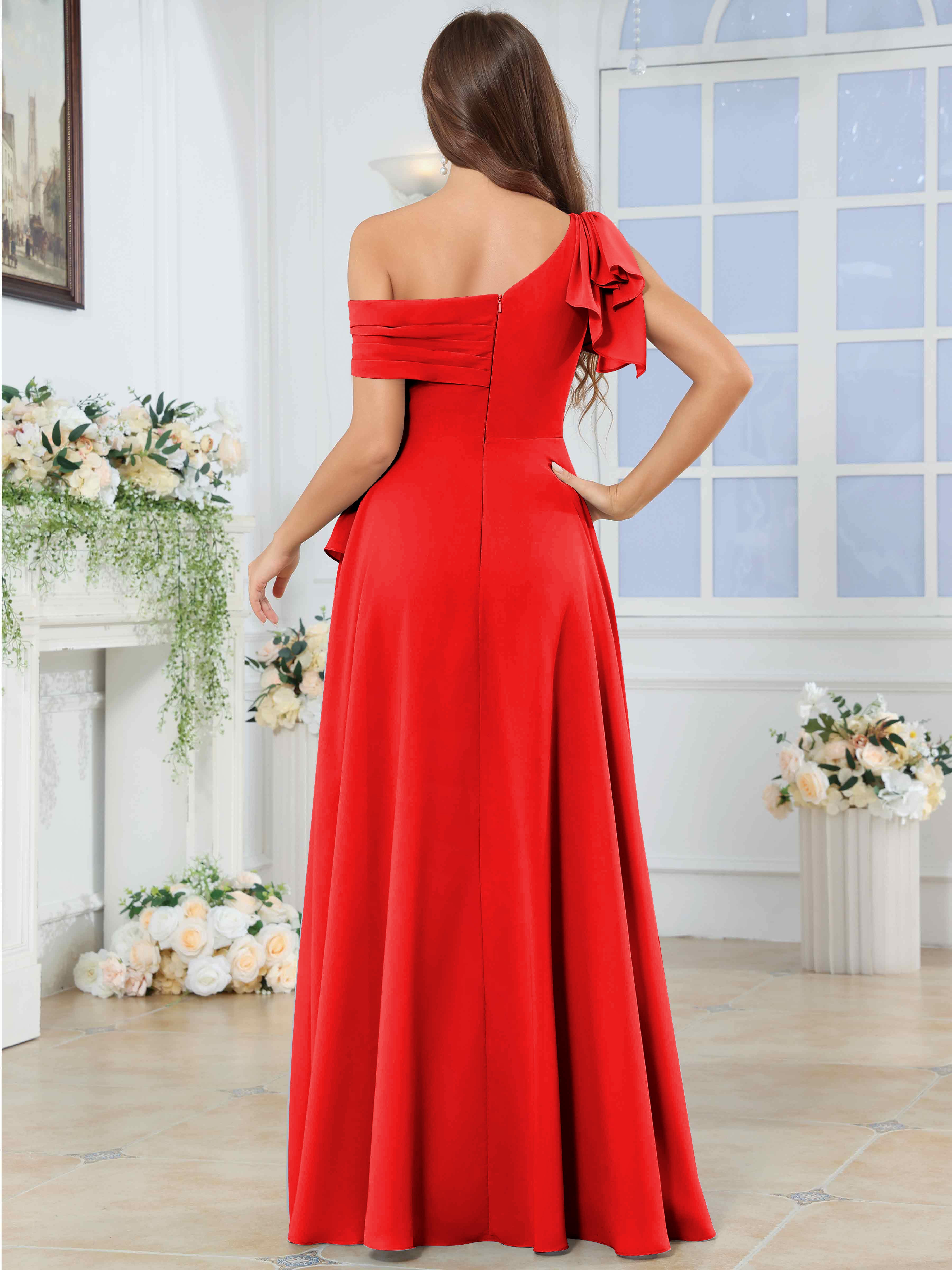 ROVDESY One Shoulder Pleated Ruffle Chiffon Bridesmaid Dress With Slit