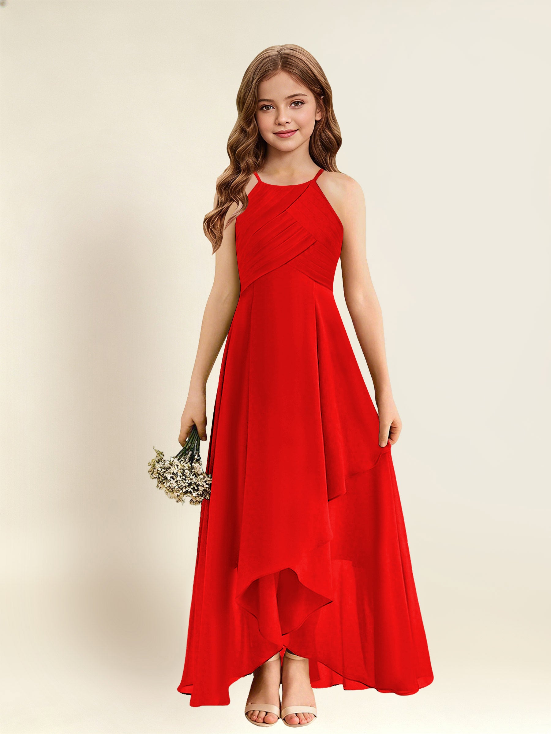 ROVDESY A-Line Halter Pleated Chiffon Junior Bridesmaid Dress