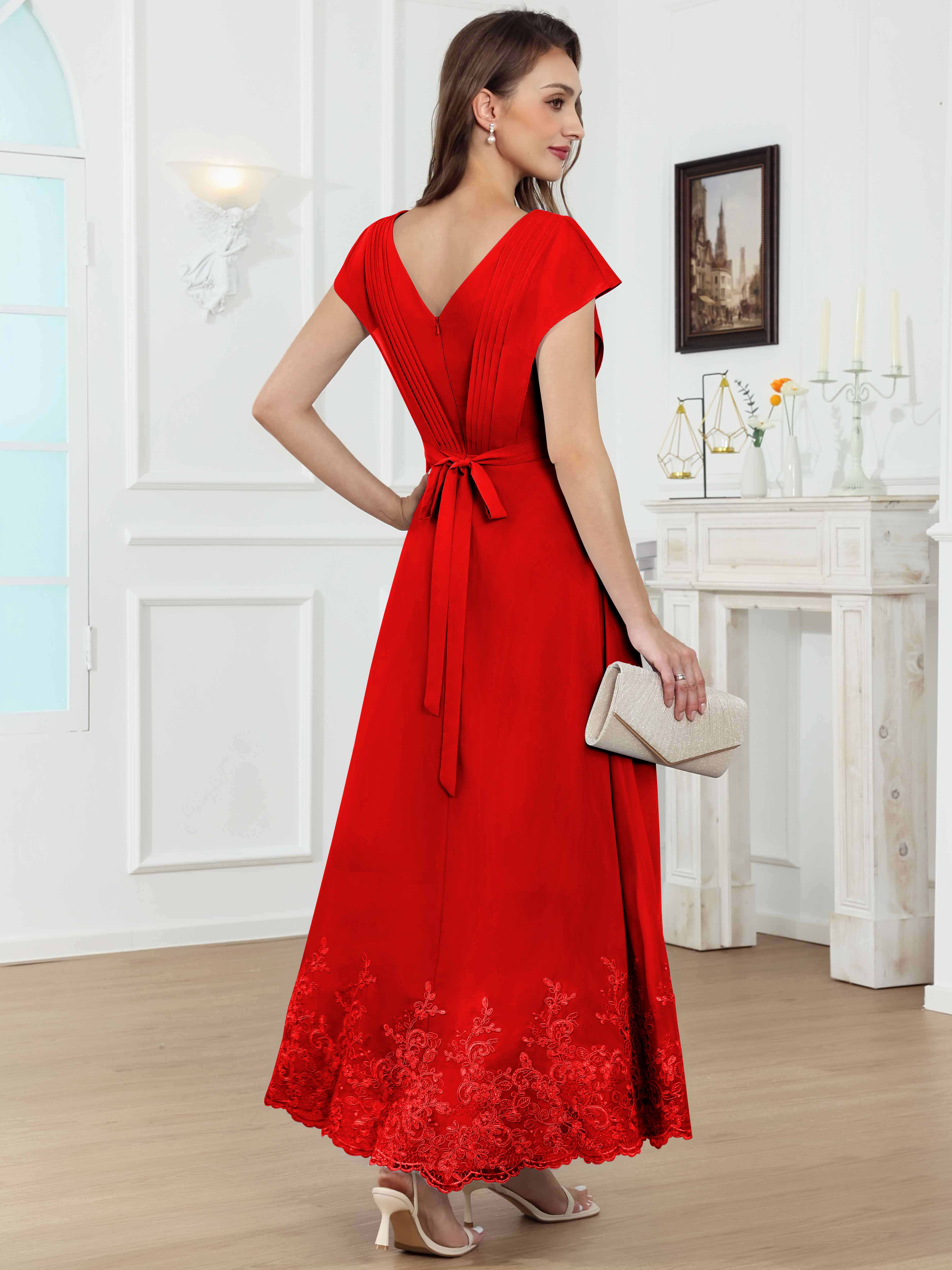 ROVDESY Tea Length High-Low V-Neck Ruched Lace Chiffon Mother of The Bride Dress for Women