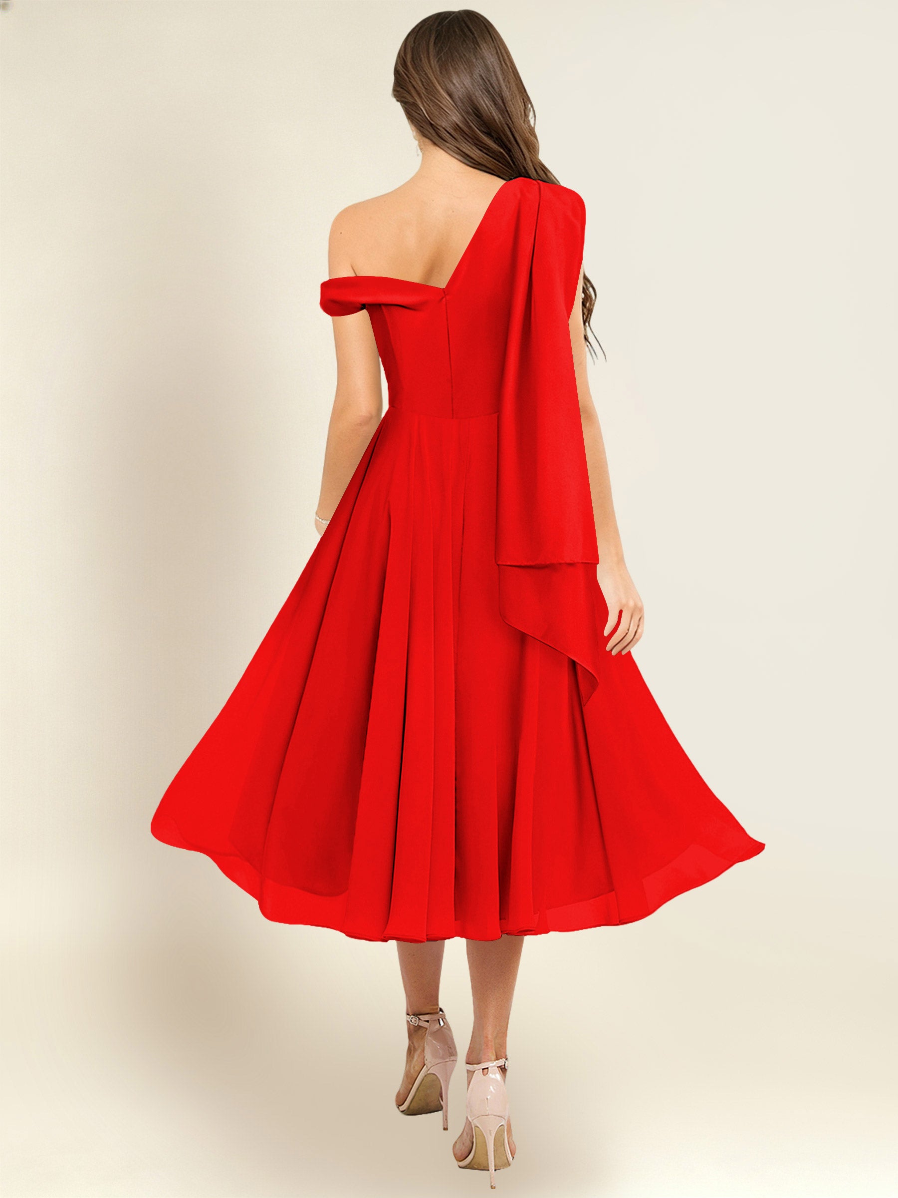 ROVDESY A-Line One Shoulder Pleated Chiffon Bridesmaid Dress With Flowing Sash