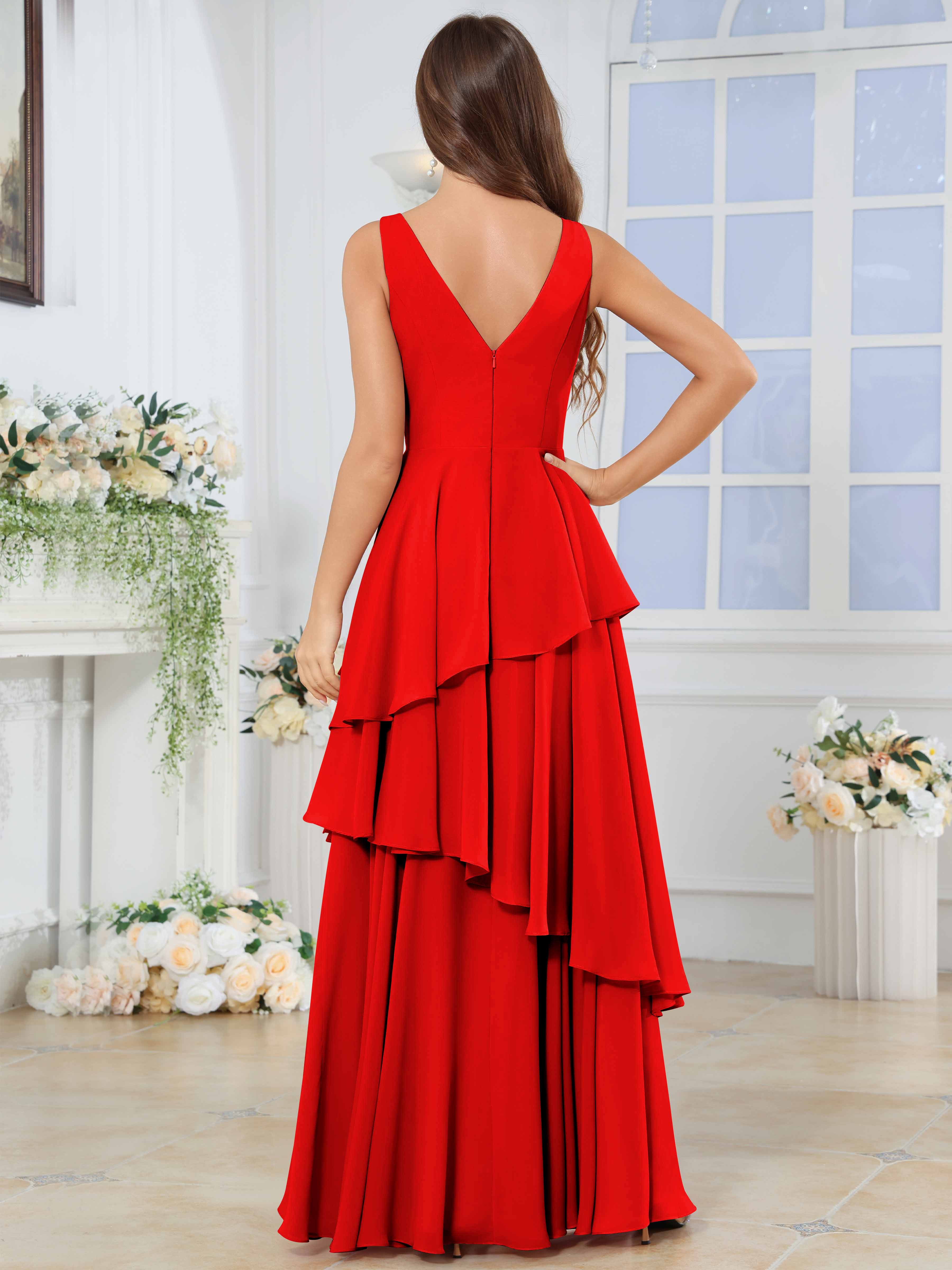 ROVDESY Long Sleeveless V-Neck Tiered Pleated Chiffon Bridesmaid Dress