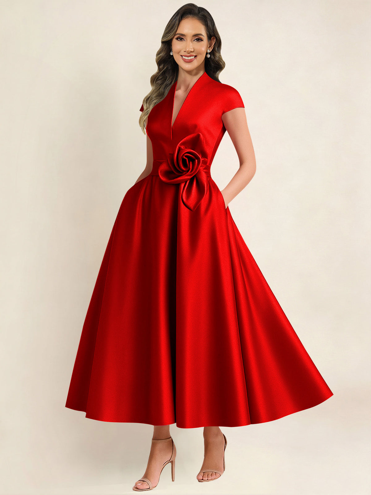 A Line V Neck 3D Flower Satin Mother of the Bride Dress