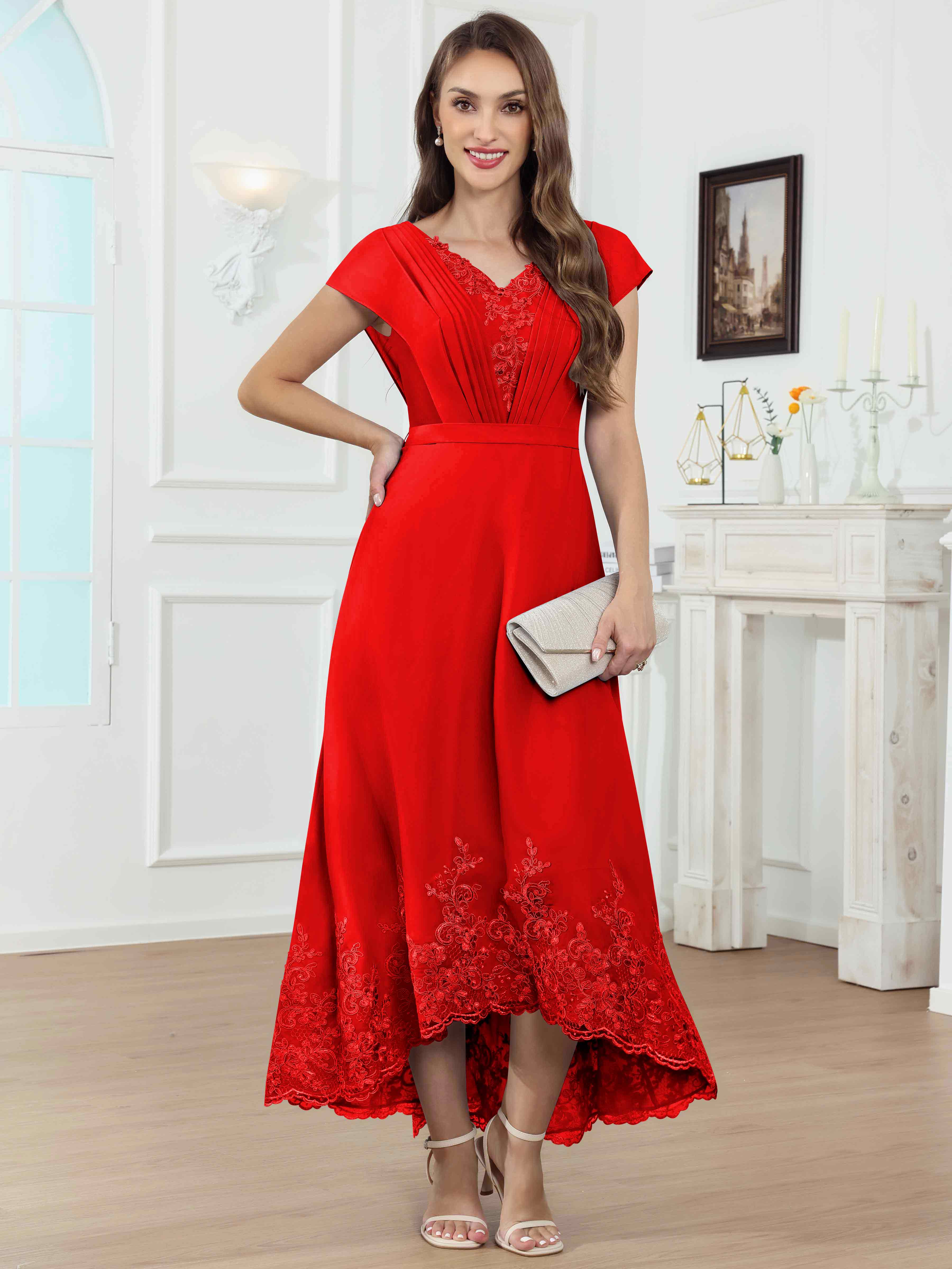ROVDESY Tea Length High-Low V-Neck Ruched Lace Chiffon Mother of The Bride Dress for Women
