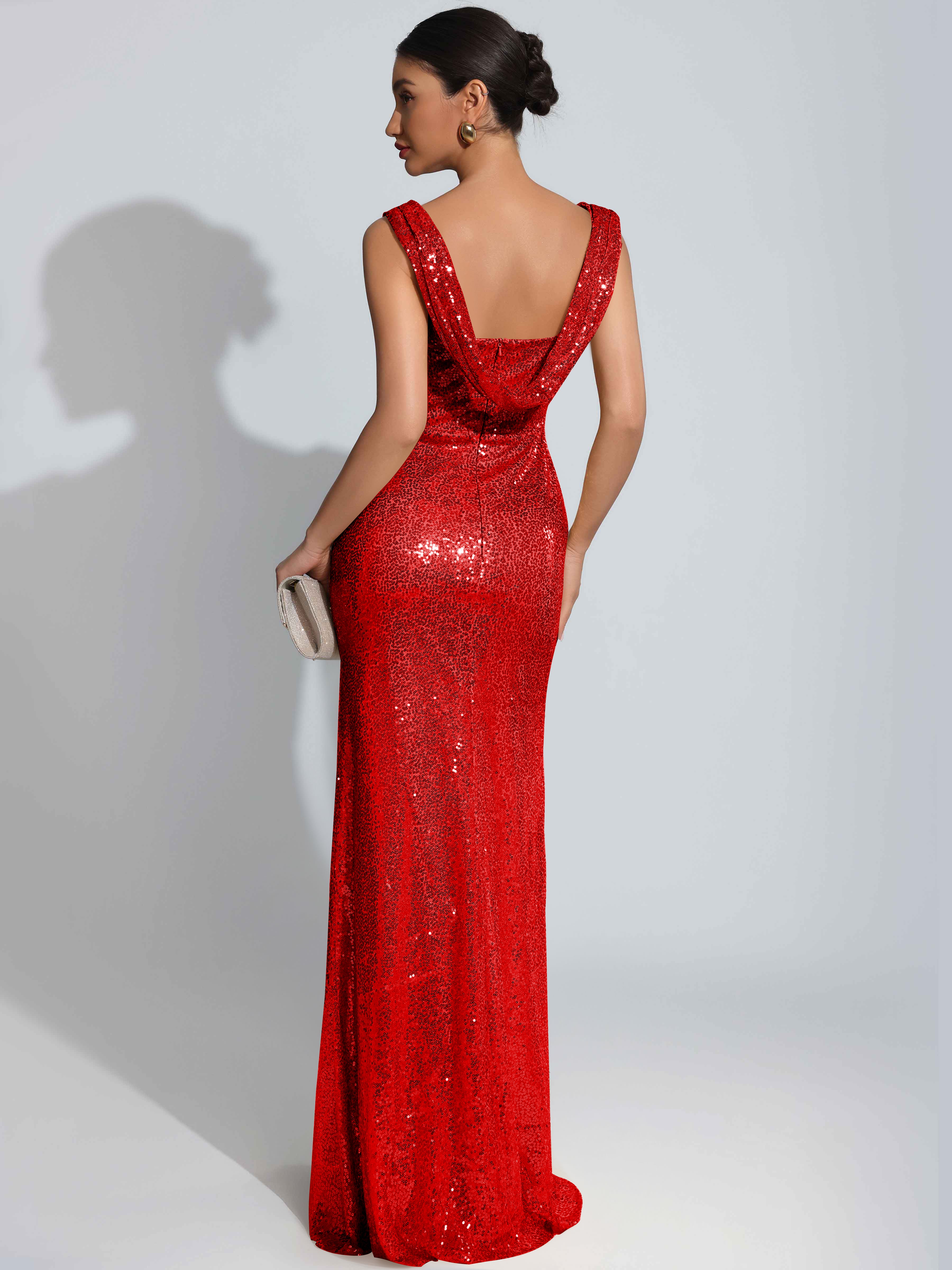 ROVDESY Sparkly Bateau Mermaid Ruched Sequin Long Prom Dress with Slit