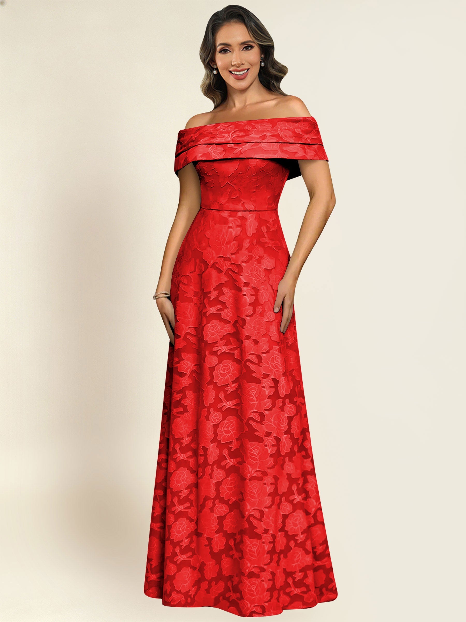ROVDESY Off the Shoulder Floral Jacquard A-Line Long Mother of the Bride Dress