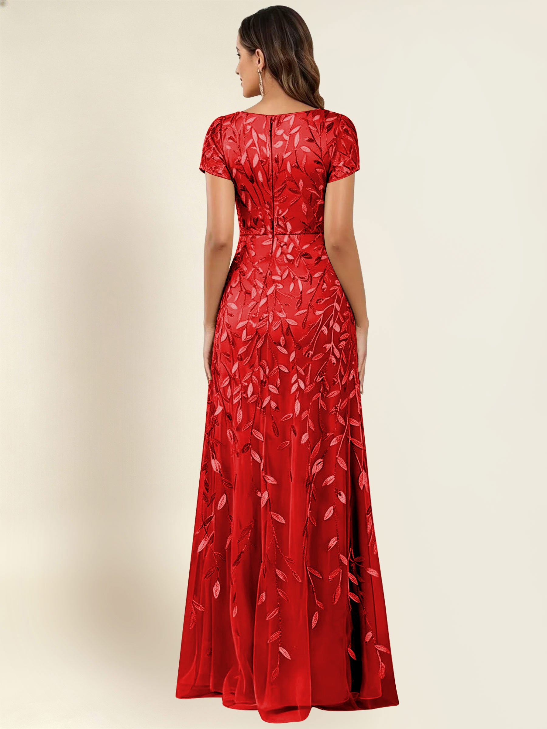 ROVDESY Sequin Mermaid Long Mother Of The Bride Dress With Short Sleeves Formal Gown