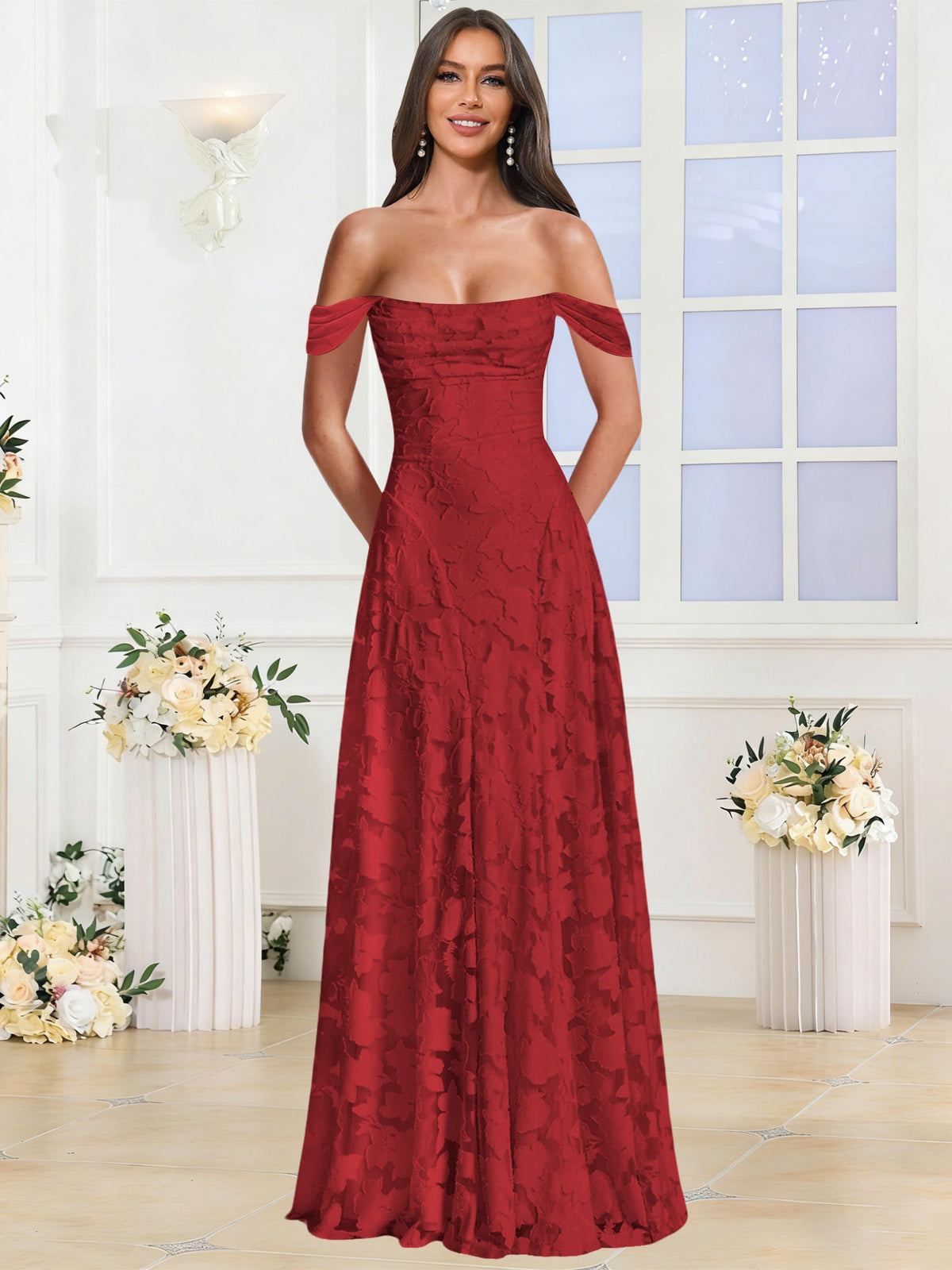 Off the Shoulder Floral Ruched A-line Bridesmaid Dress